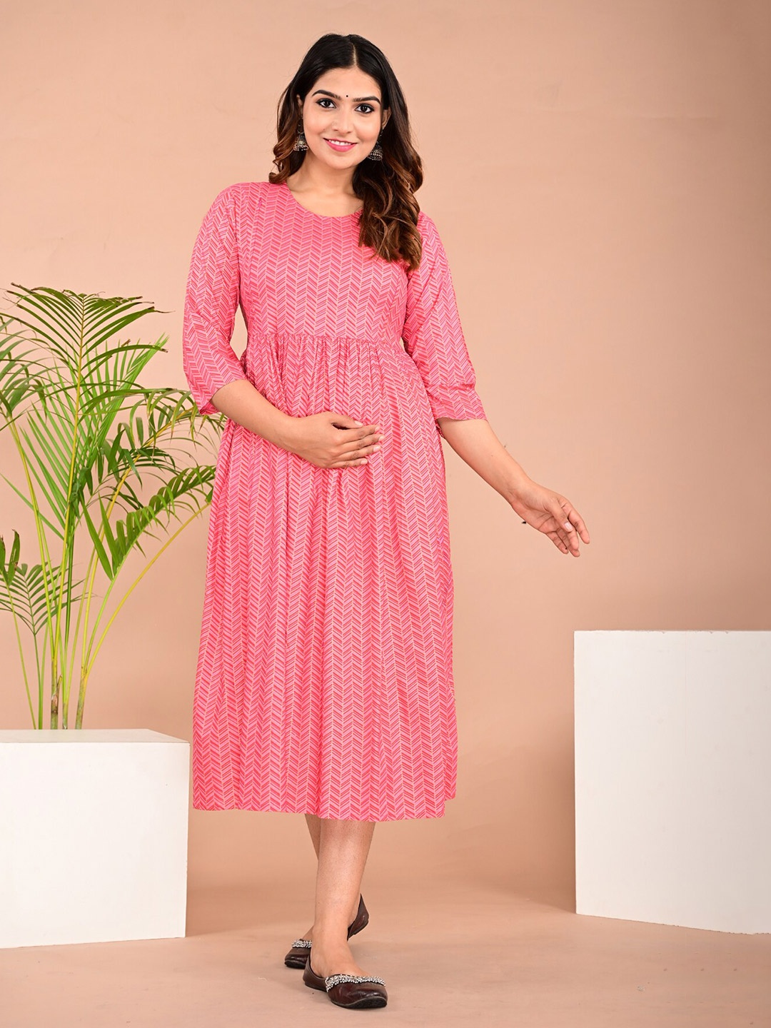 

BAESD Ethnic Motifs Printed Maternity Fit & Flare Dress, Pink