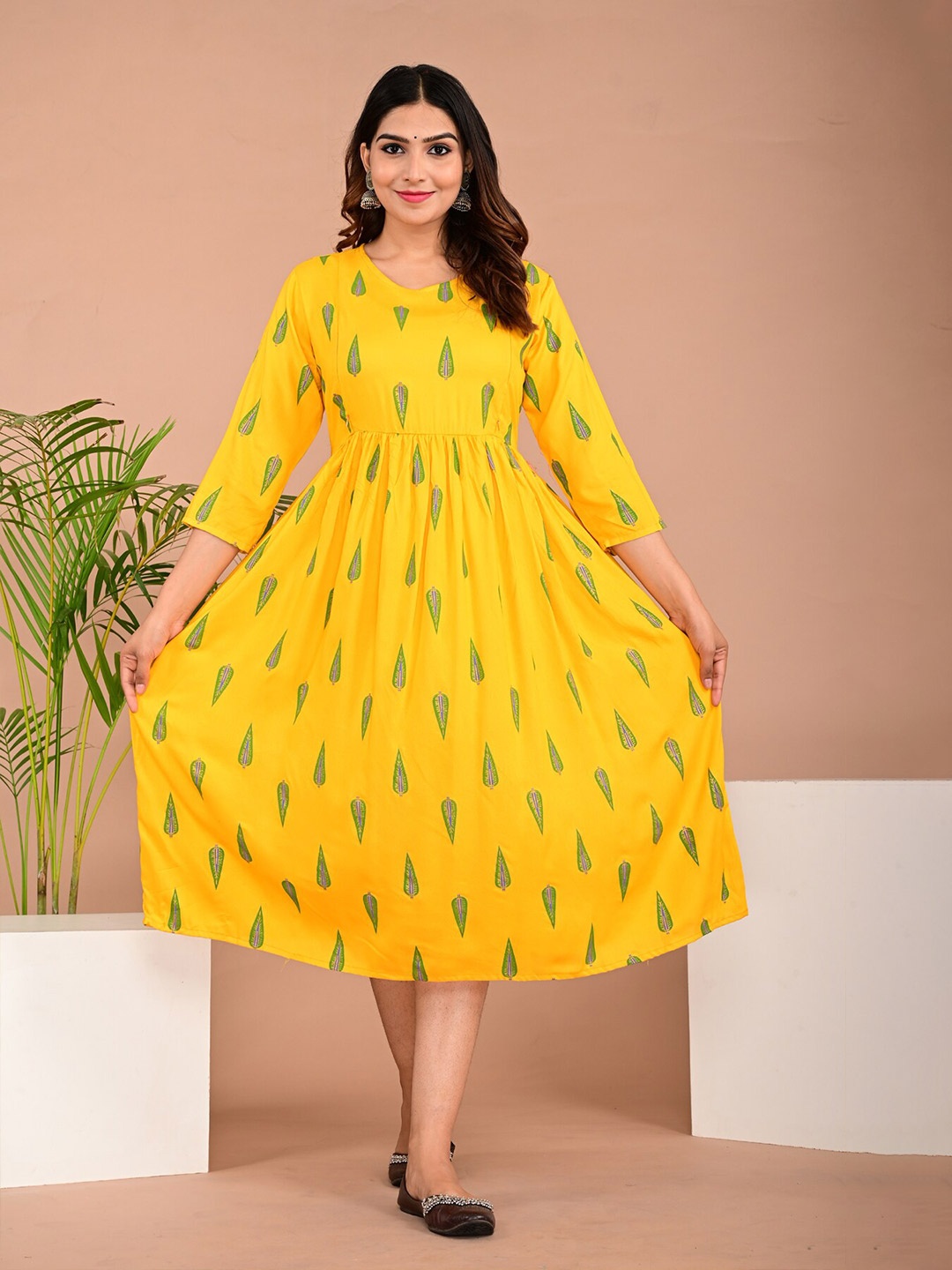 

BAESD Ethnic Motifs Printed Maternity Fit & Flare Dress, Yellow