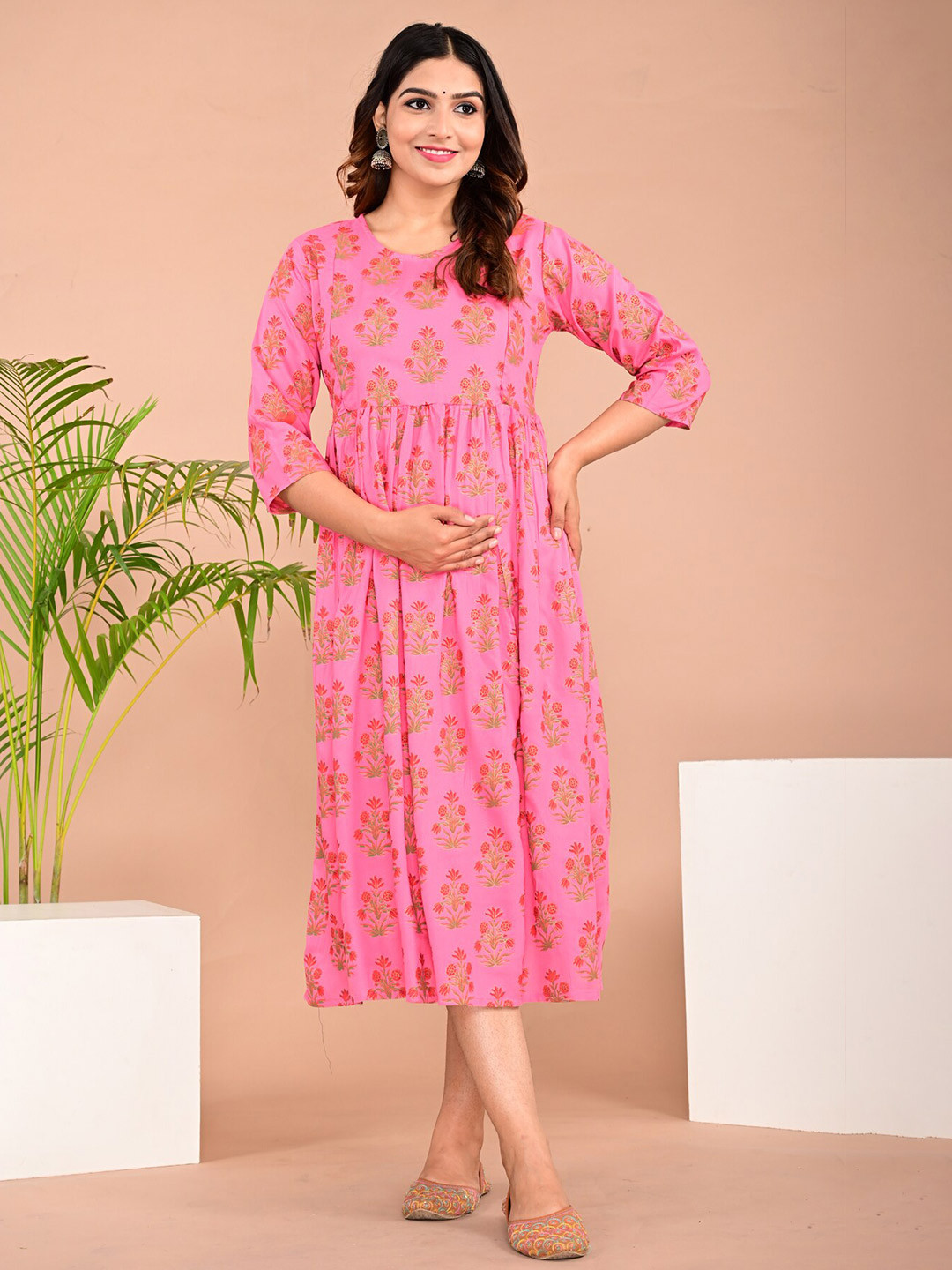 

BAESD Ethnic Motifs Printed Maternity Fit & Flare Ethnic Dress, Pink