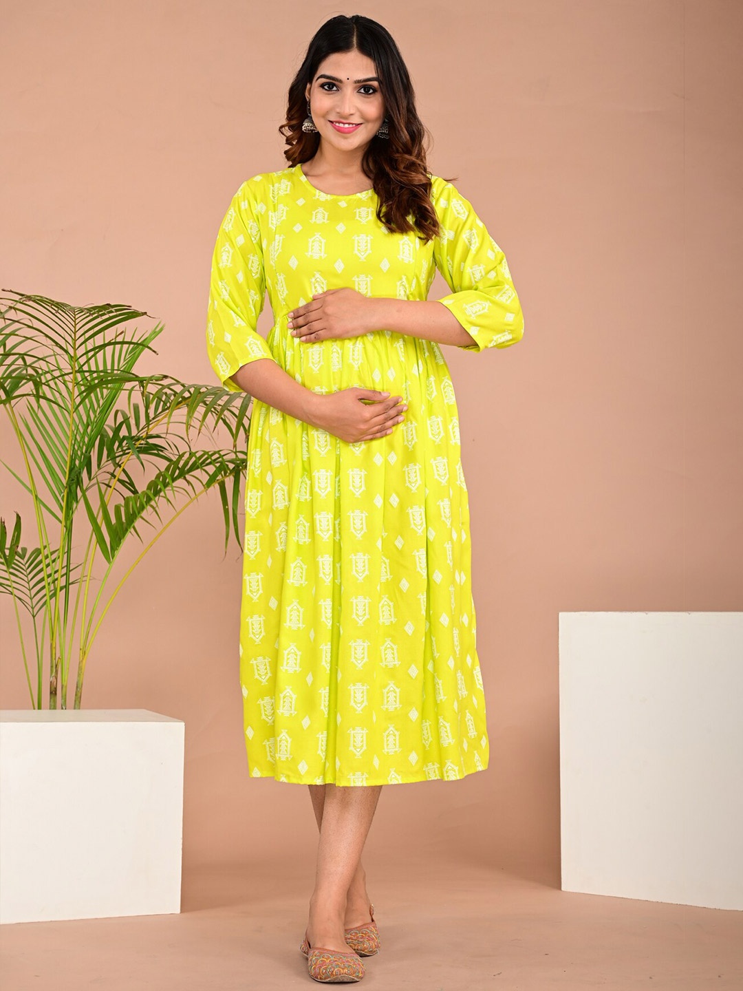 

BAESD Ethnic Motifs Printed Maternity Fit & Flare Ethnic Dress, Yellow