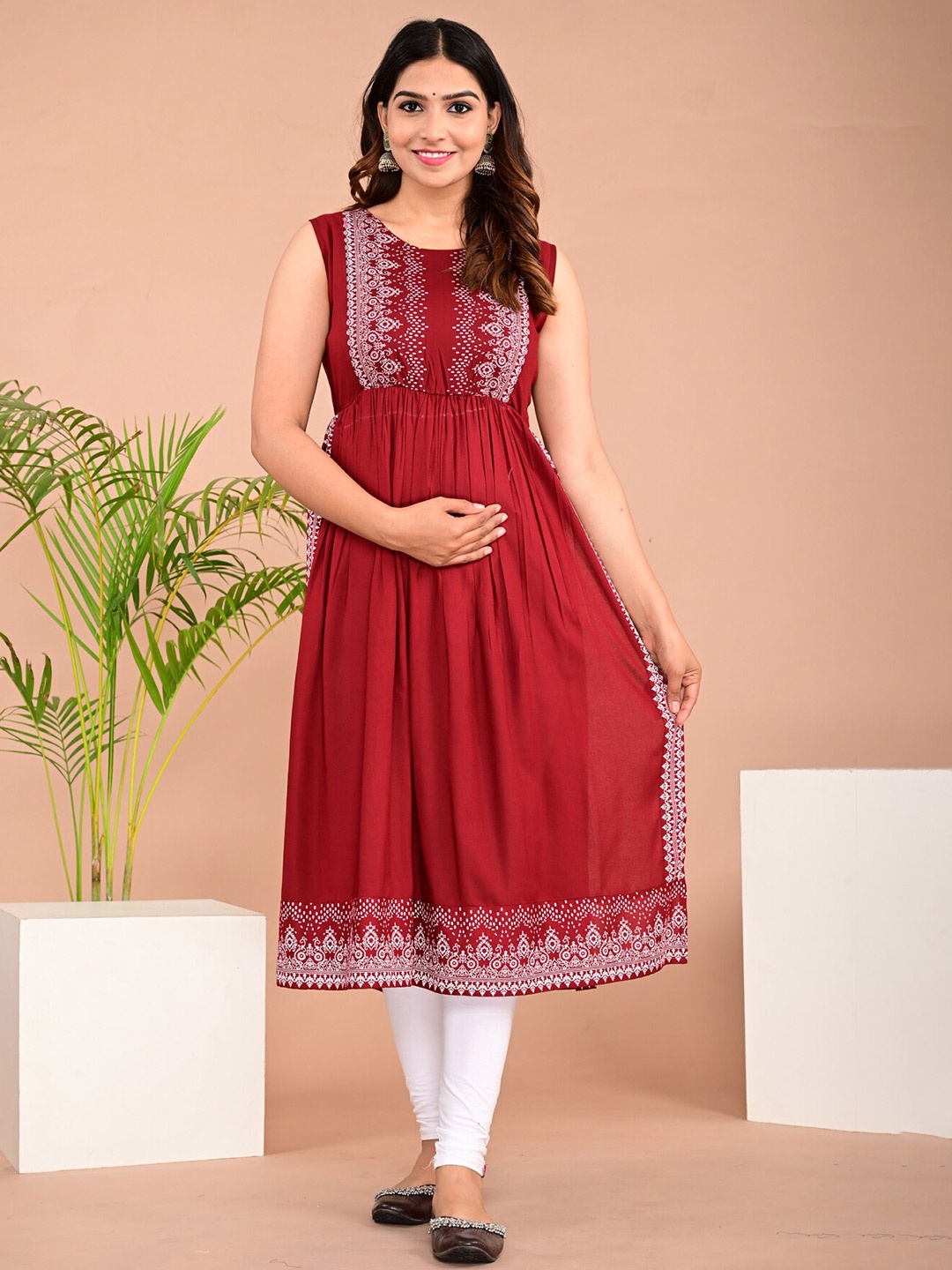 

BAESD Ethnic Motifs Printed Anarkali Maternity Kurta, Maroon