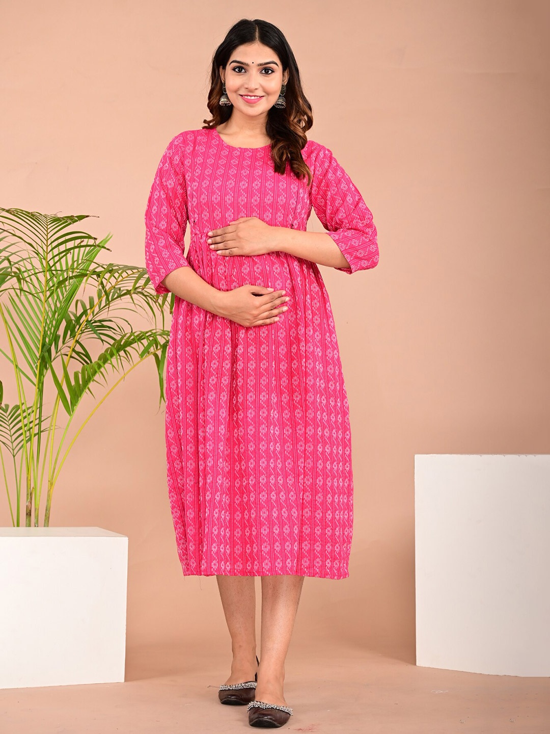 

BAESD Ethnic Motifs Printed Gathered Anarkali Maternity Ethnic Dress, Pink