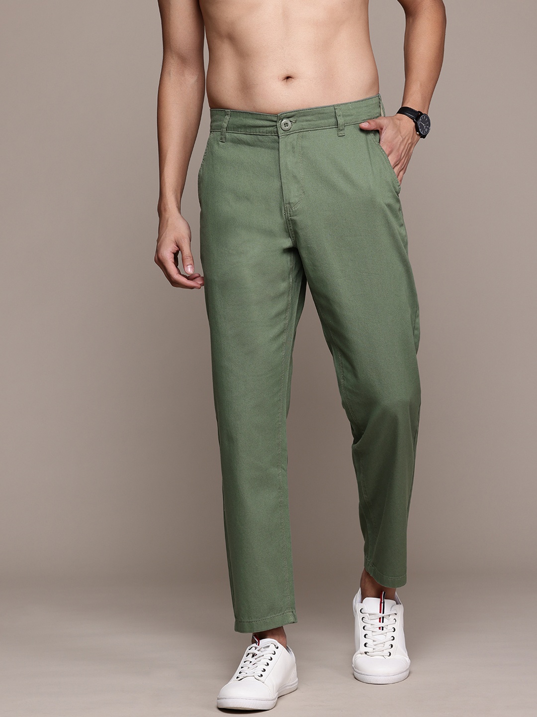 

The Roadster Lifestyle Co. Men Pure Cotton Relaxed Trousers, Green