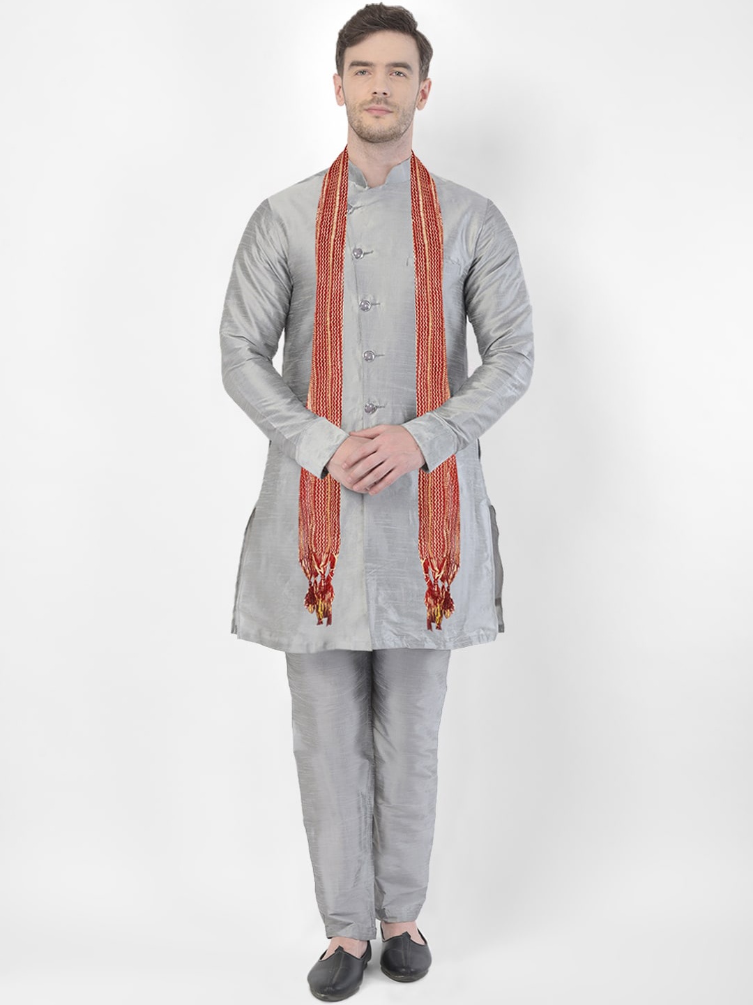 

SG LEMAN Mandarin Collar Raw Silk Sherwani Set, Grey