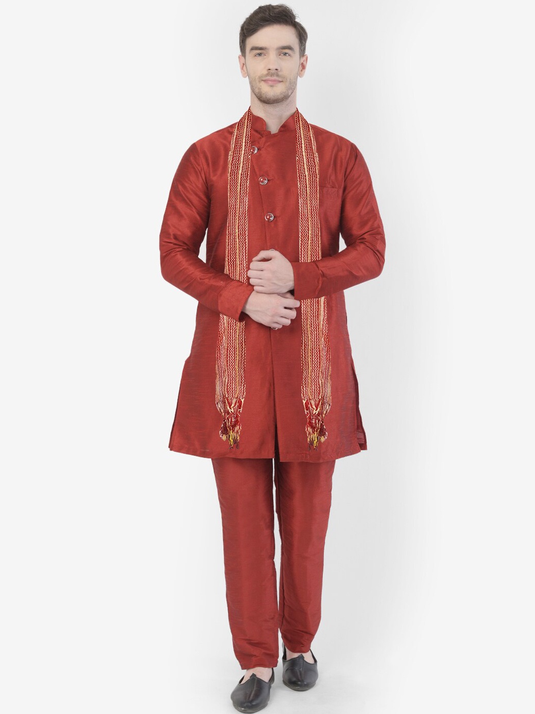 

SG LEMAN Mandarin Collar Straight Sherwani Set With Stole, Maroon