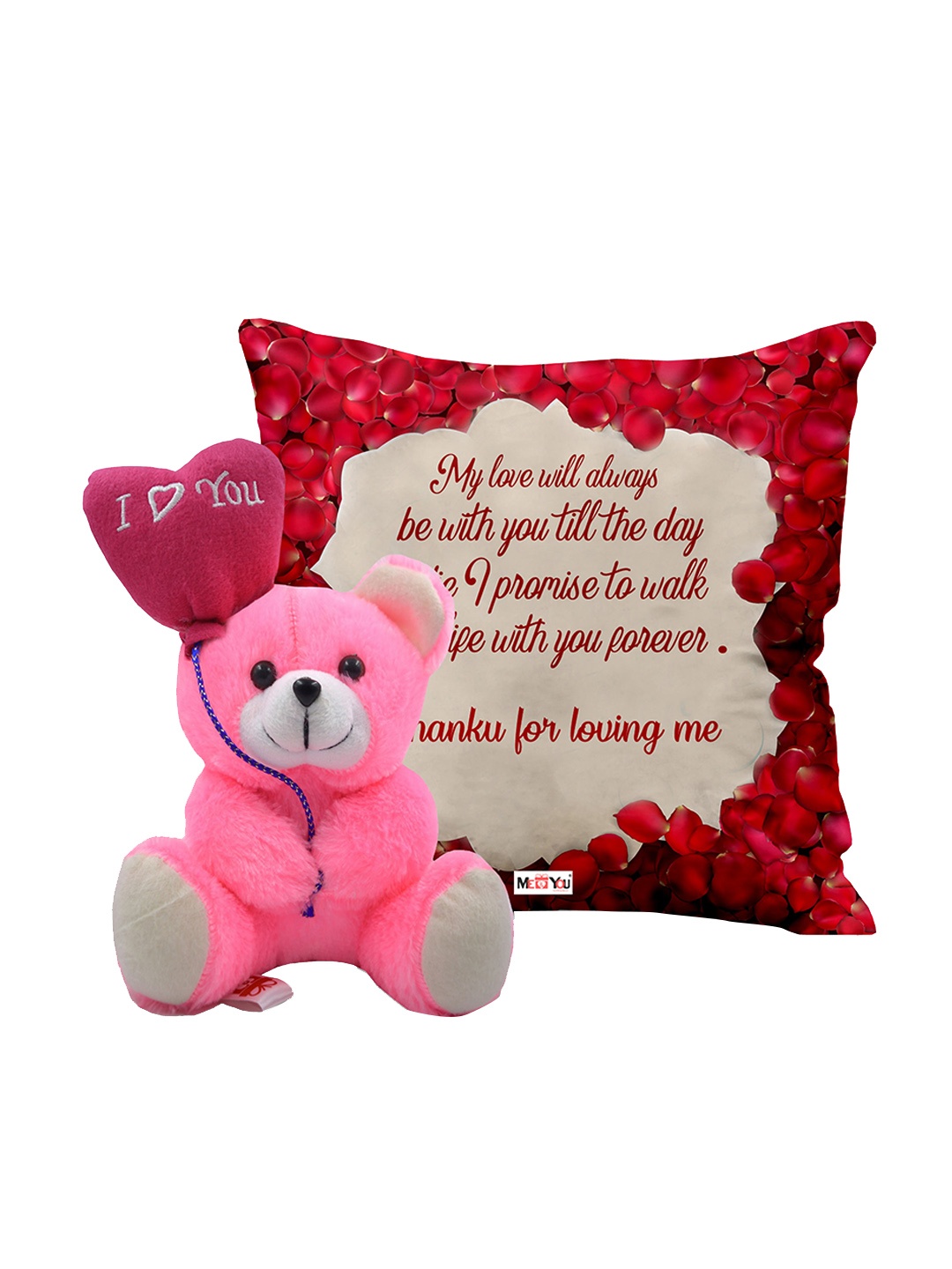 

ME & YOU Red & Pink 2 Pieces Printed Cushion With Teddy Home Gift Set