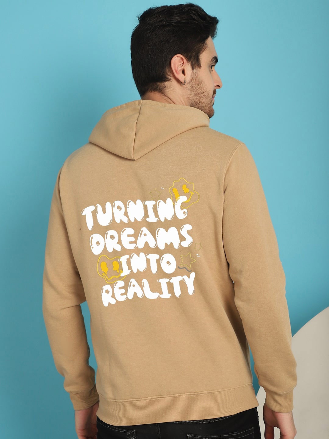 

YOU FOREVER Typography Printed Hooded Fleece Pullover Sweatshirt, Beige