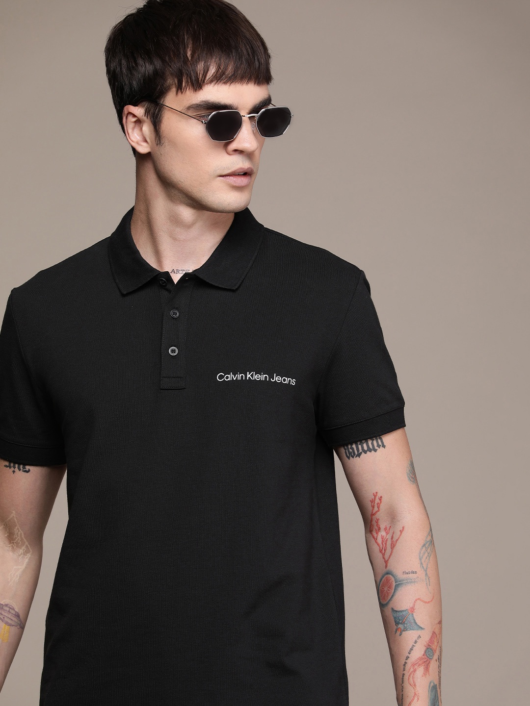 

Calvin Klein Jeans Brand Logo Printed Polo Collar T-shirt, Black