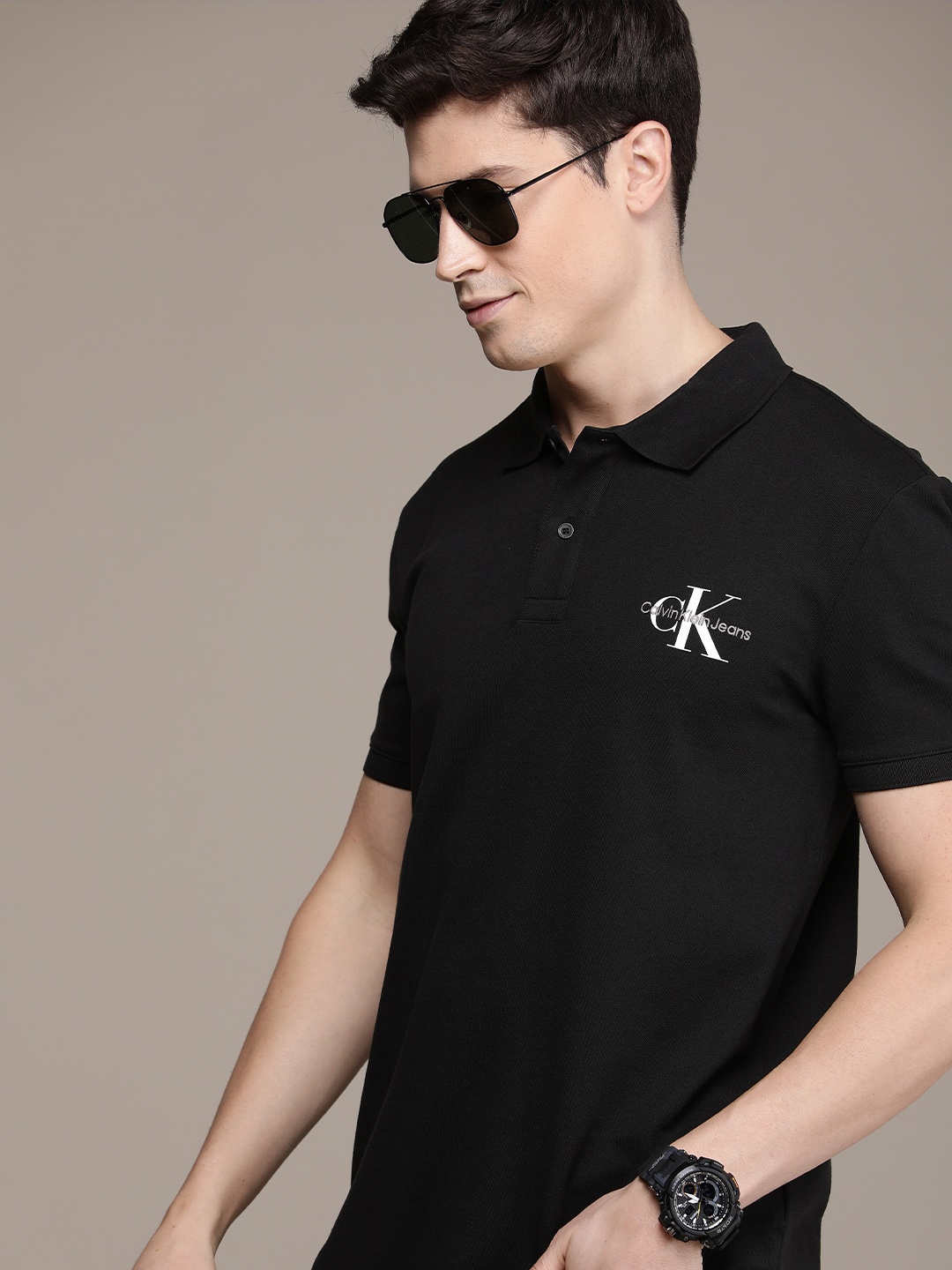 

Calvin Klein Jeans Brand Logo Printed Embroidered Polo Collar Pure Cotton T-shirt, Black