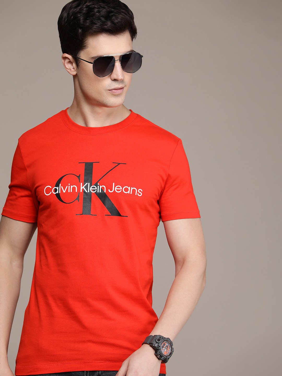 

Calvin Klein Jeans Brand Logo Printed Pure Cotton Slim Fit T-shirt, Red