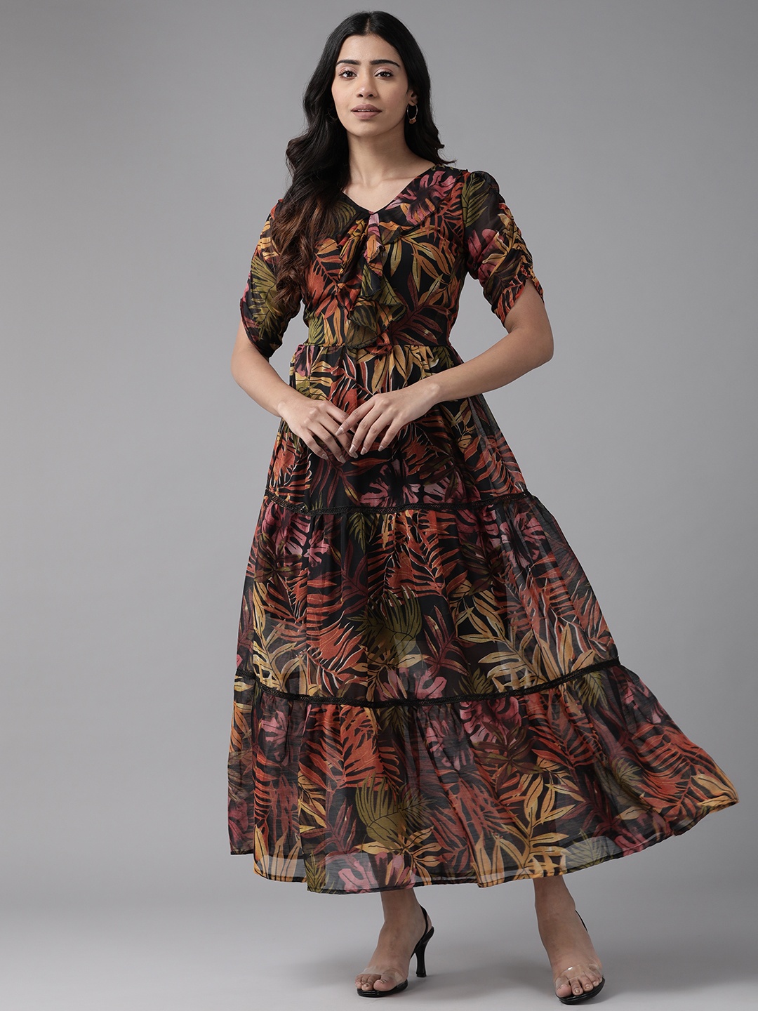

Aarika Floral Print Puff Sleeve Georgette Maxi Dress, Multi
