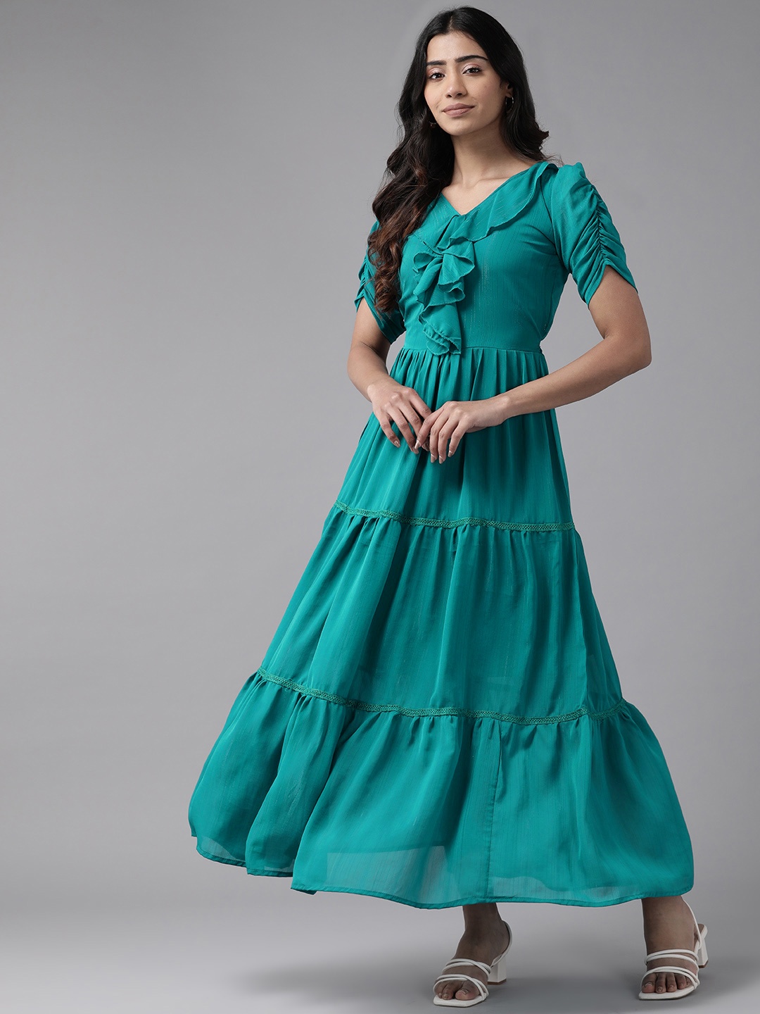 

Aarika Solid Puff Sleeve Georgette Maxi Dress, Green