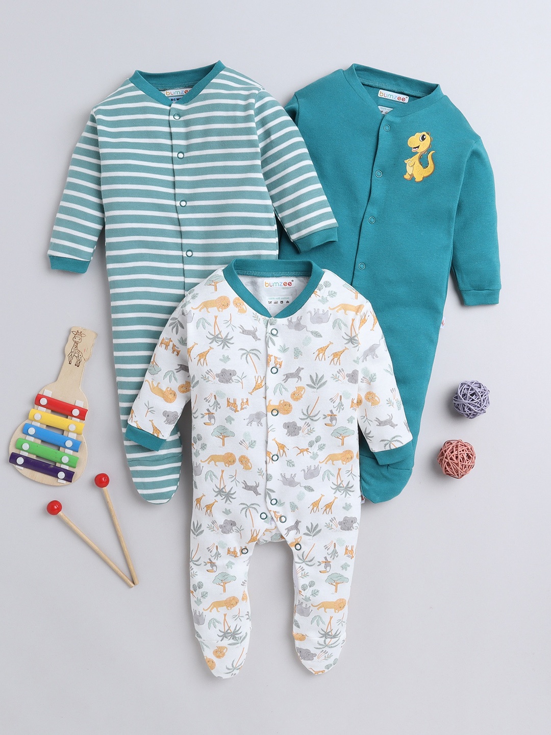 

BUMZEE Infant Boys Pack Of 3 Printed Organic Cotton Sleepsuits, Green