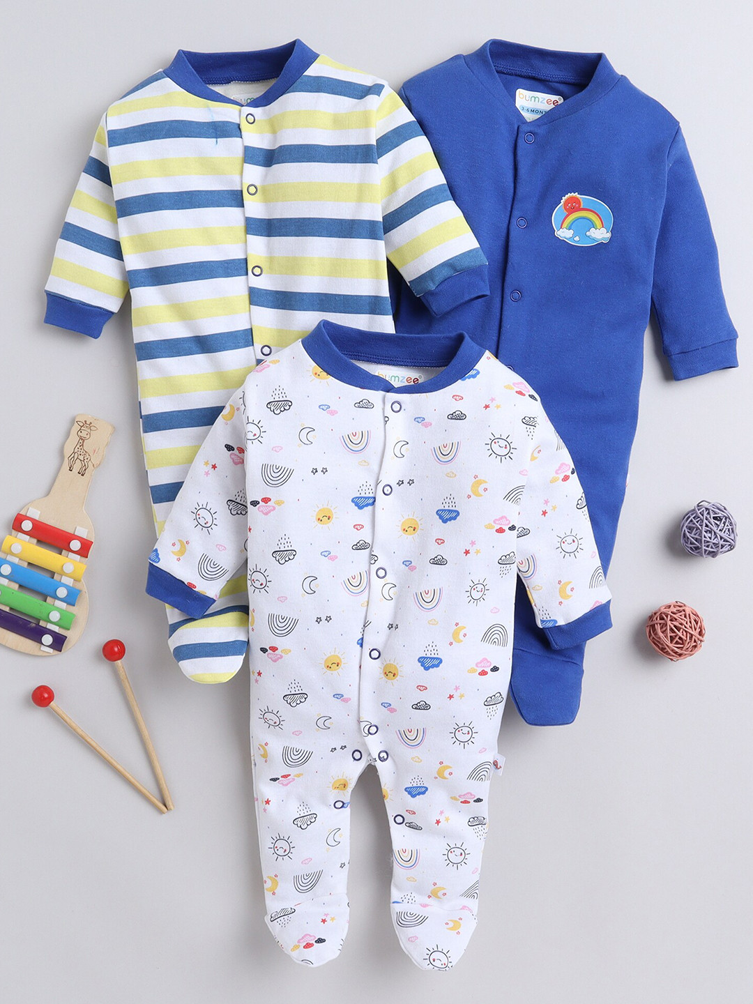 

BUMZEE Infant Boys Pack Of 3 Printed Organic Cotton Sleepsuits, Blue