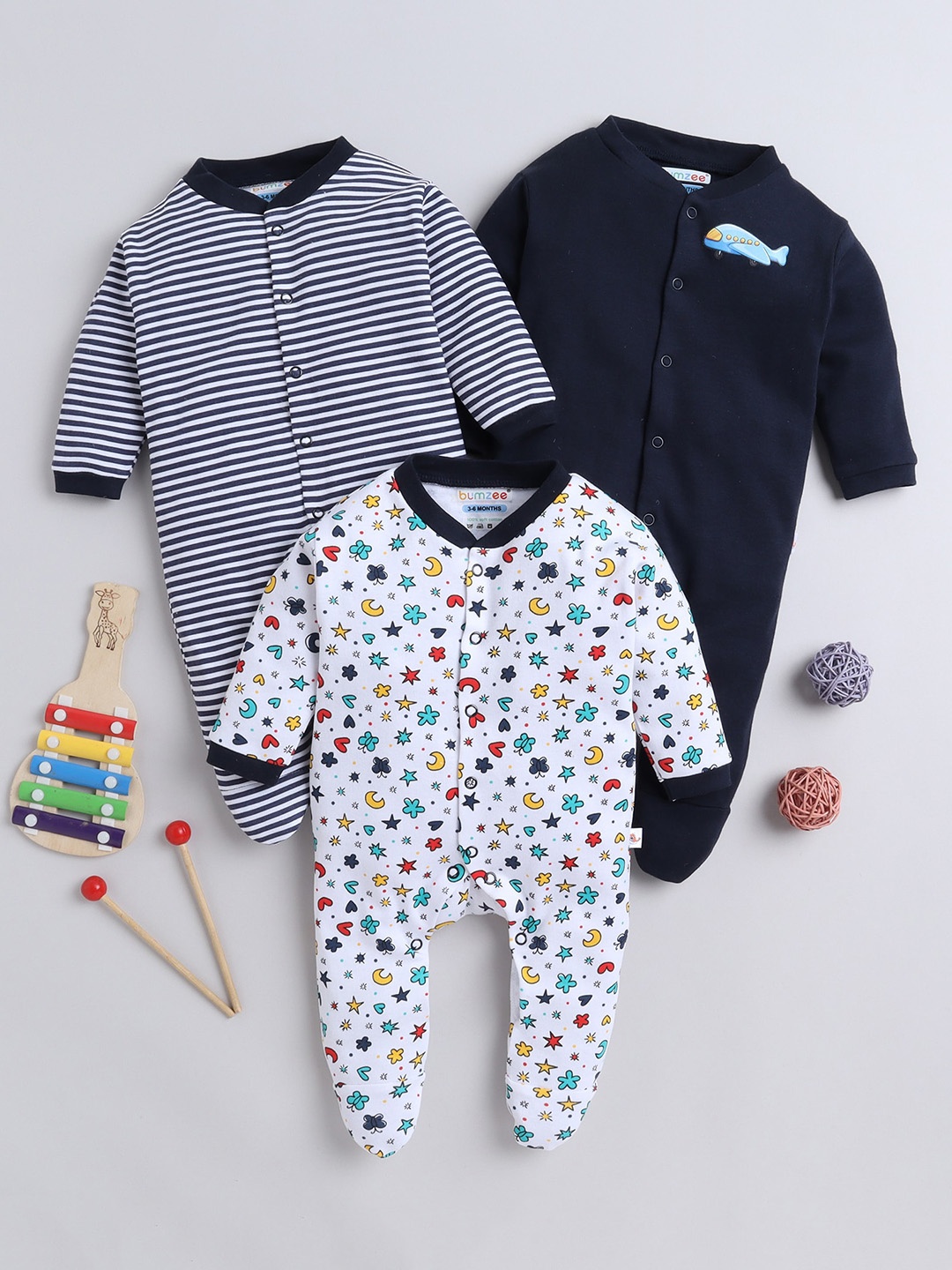 

BUMZEE Infant Girls Pack Of 3 Printed Organic Cotton Sleepsuits, Navy blue