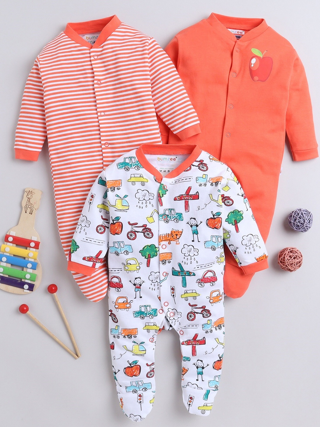 

BUMZEE Infant Boys Pack Of 3 Printed Organic Cotton Sleepsuits, Orange