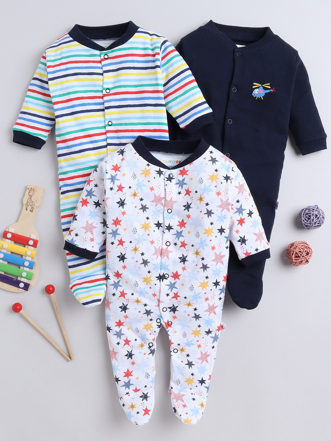 

BUMZEE Infant Boys Pack Of 3 Printed Organic Cotton Sleepsuits, Navy blue