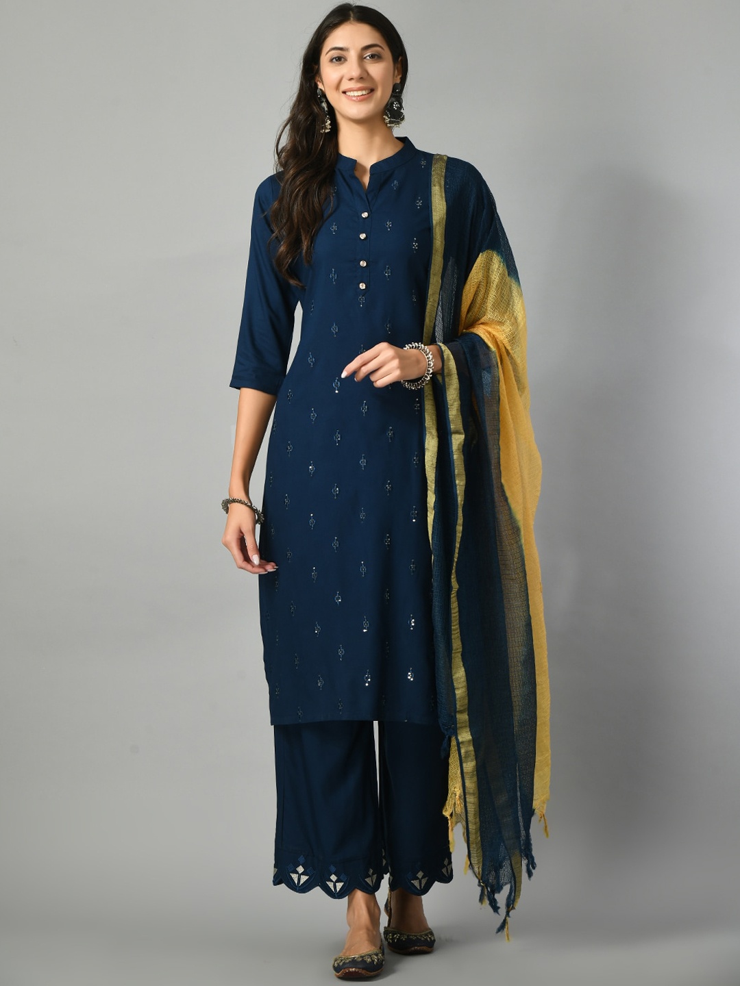 

DOISA Floral Embroidered Sequinned Kurta With Trousers & Dupatta, Blue