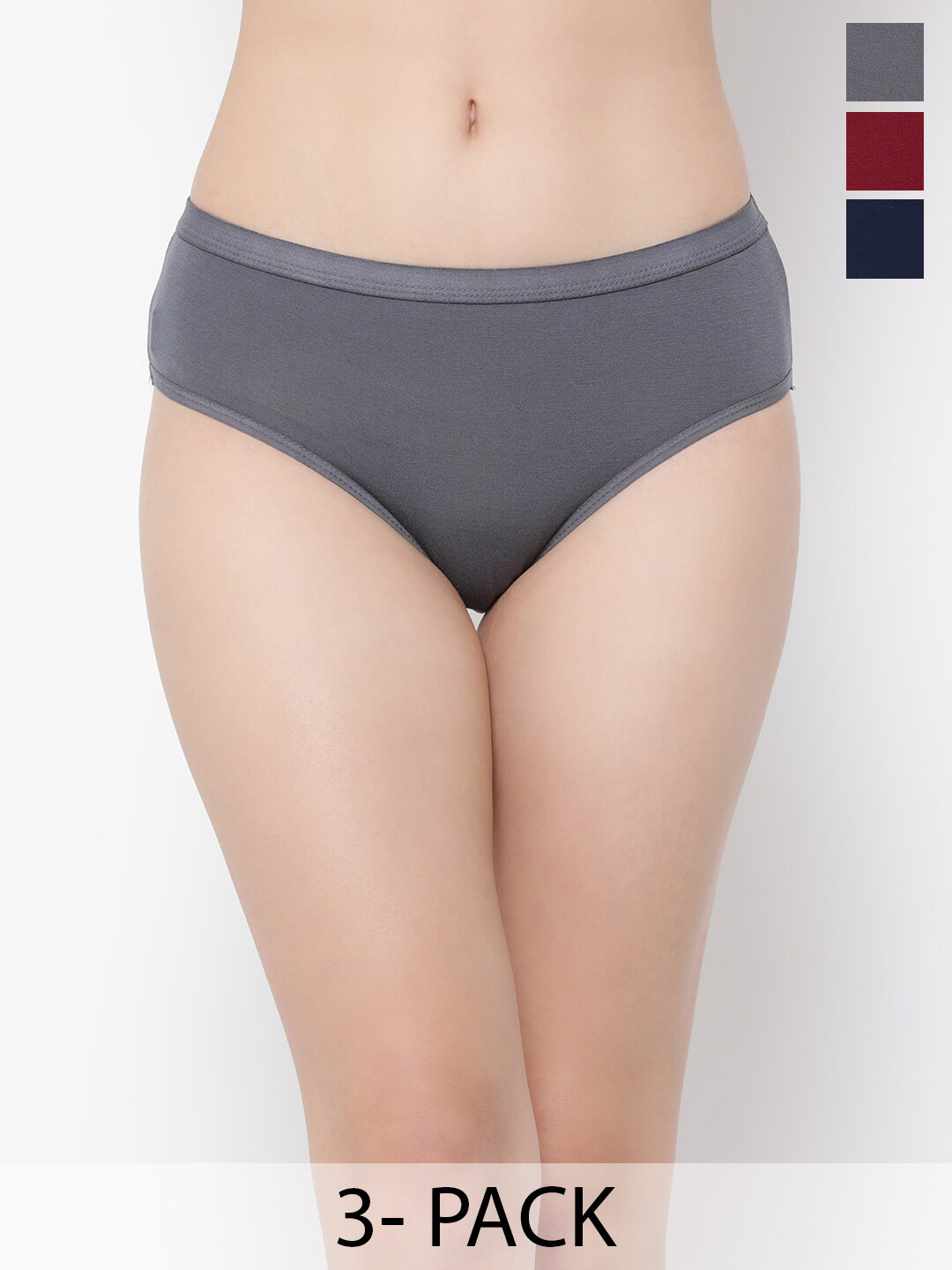 

Clovia Grey, Navy Blue & Maroon Pack Of 3 Mid-Rise Anti Microbial Modal Hipster Briefs