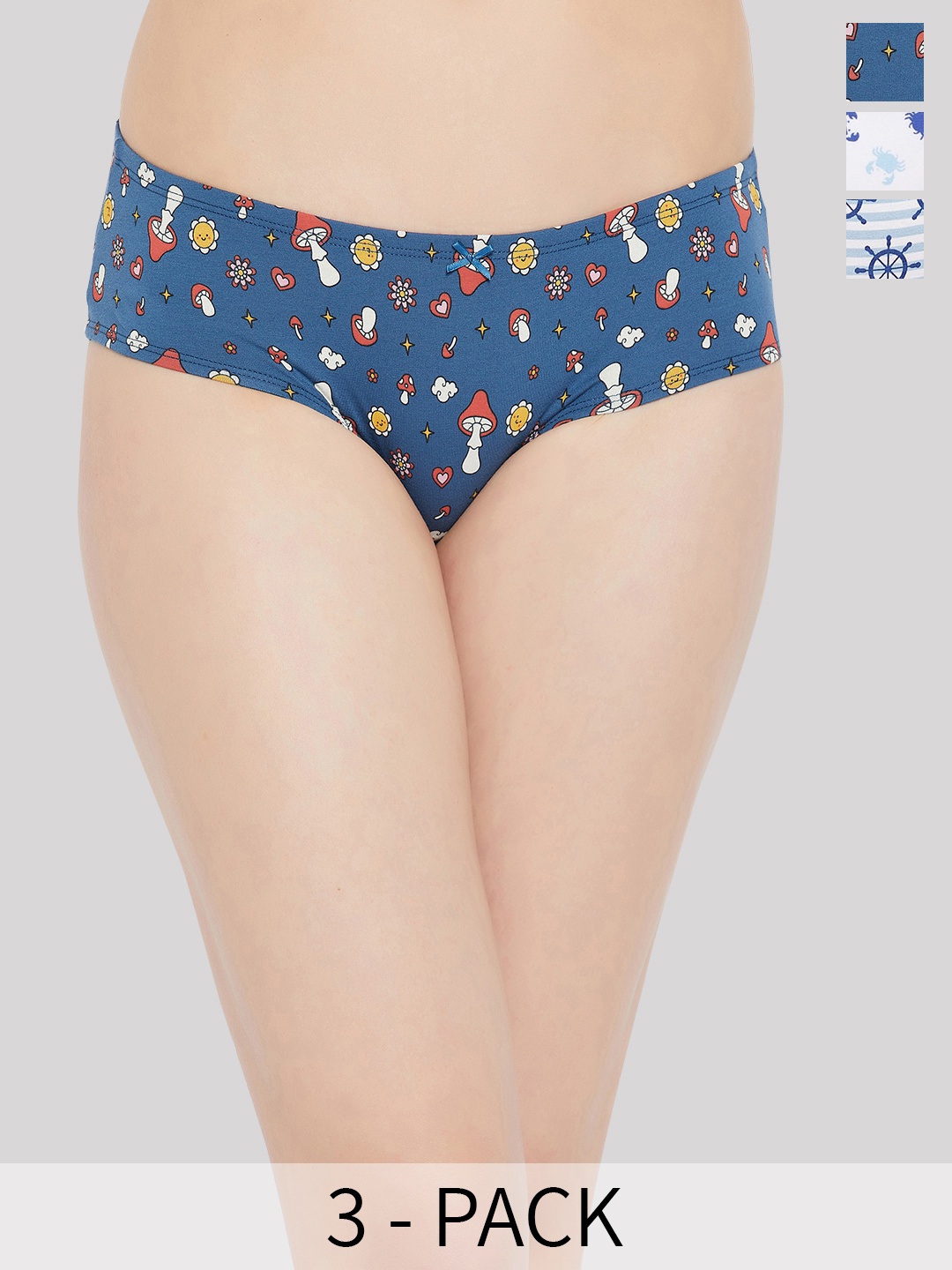 

Clovia Blue Pack Of 3 Printed Anti Microbial Hipster Briefs