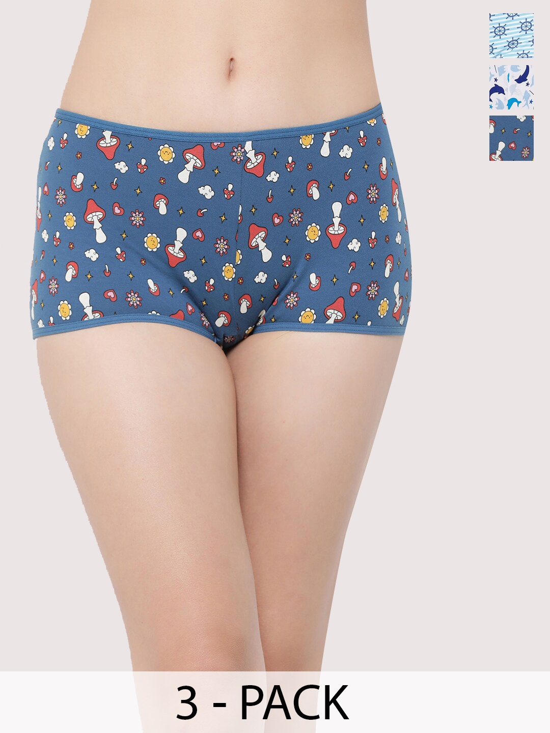 

Clovia Blue Pack Of 3 Conversational Printed Anti Microbial Boy Shorts