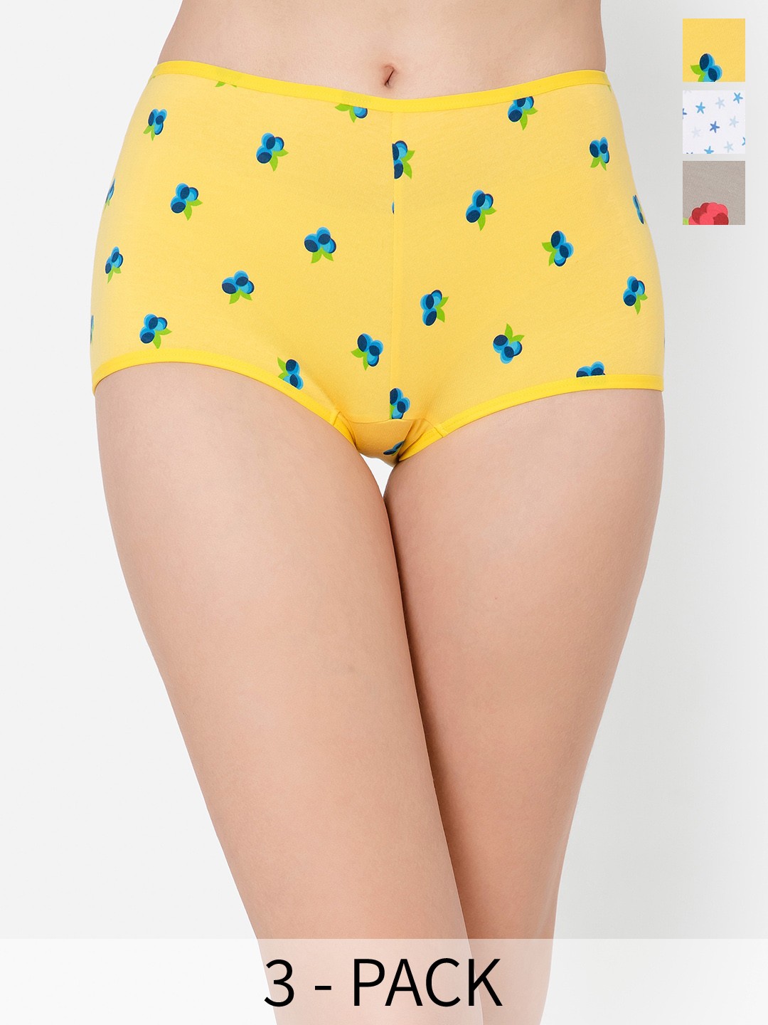 

Clovia Pack Of 3 White Grey & Yellow Printed Anti Microbial Boy Shorts