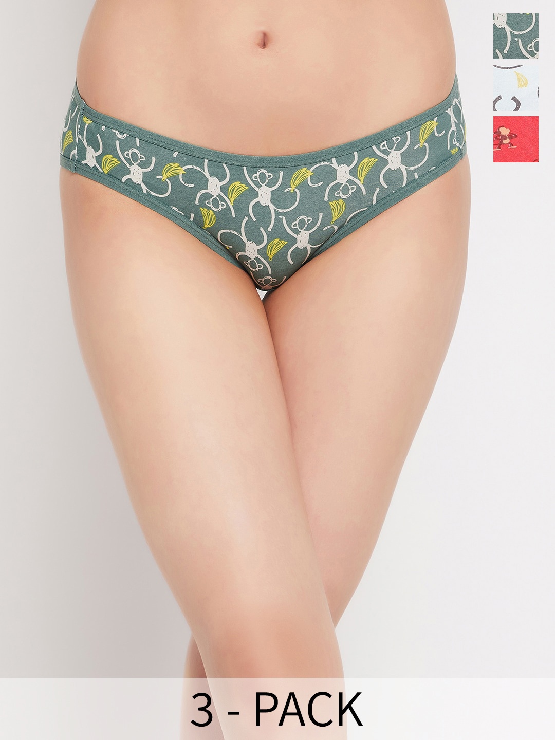 

Clovia Pack Of 3 Green Printed Anti Microbial Bikini Briefs, Blue