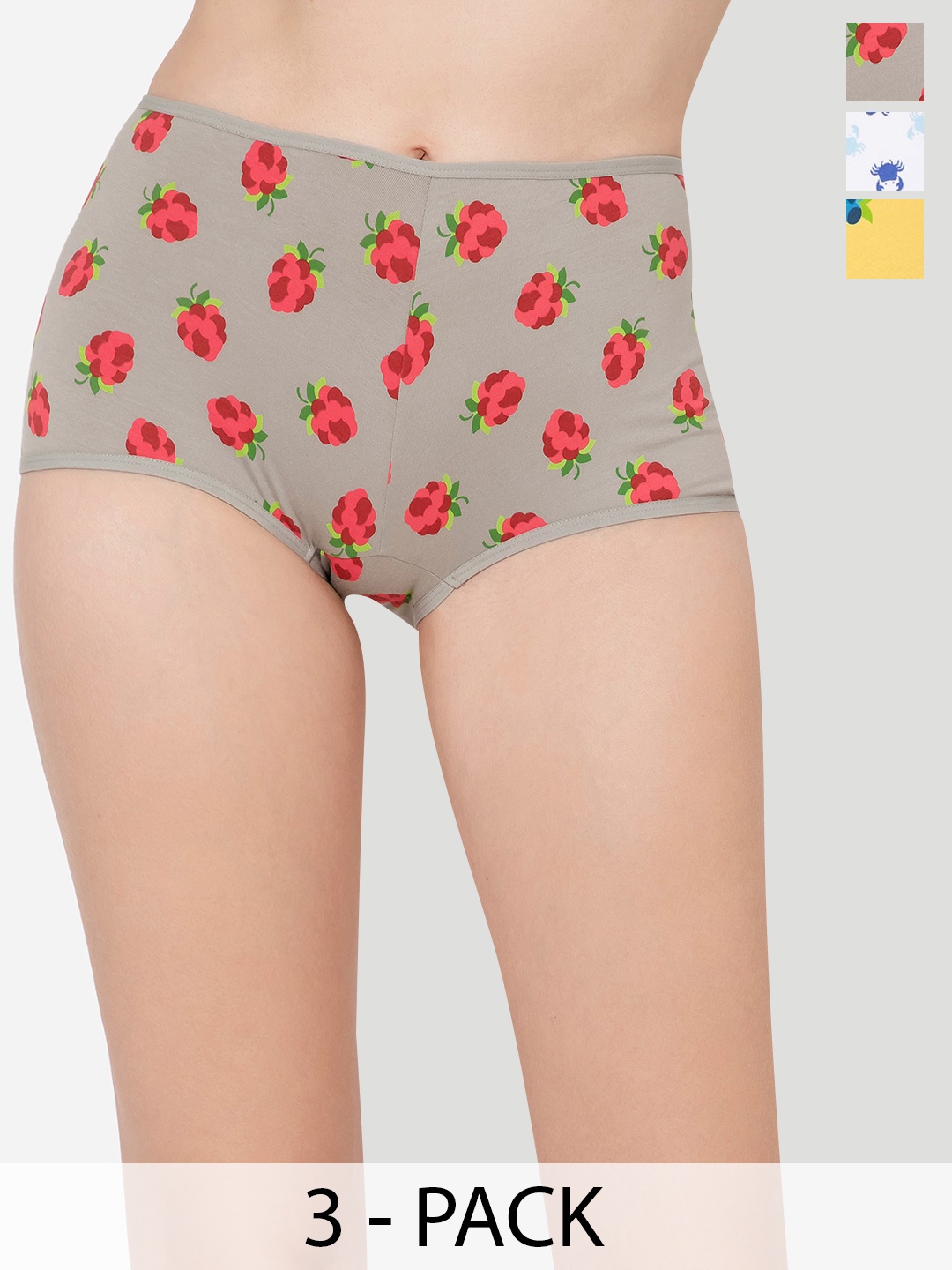 

Clovia Pack Of 3 White Grey & Yellow Printed Anti Microbial Cotton Boy Shorts