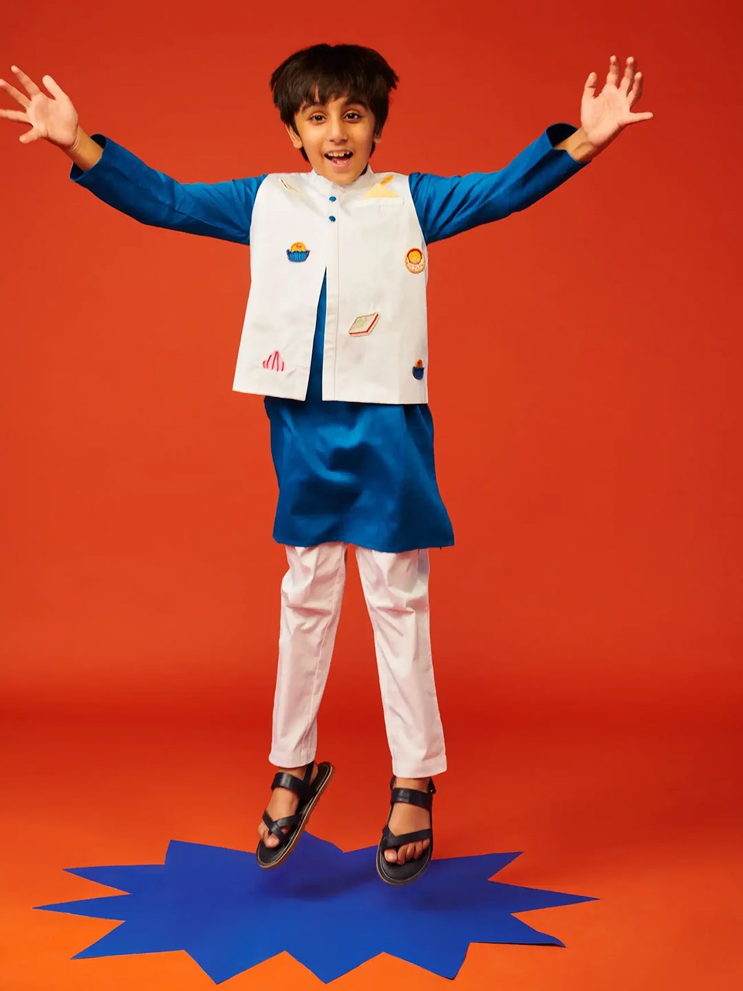 

Somersault Boys Regular Pure Cotton Kurta With Trousers & Waistcoat, Blue