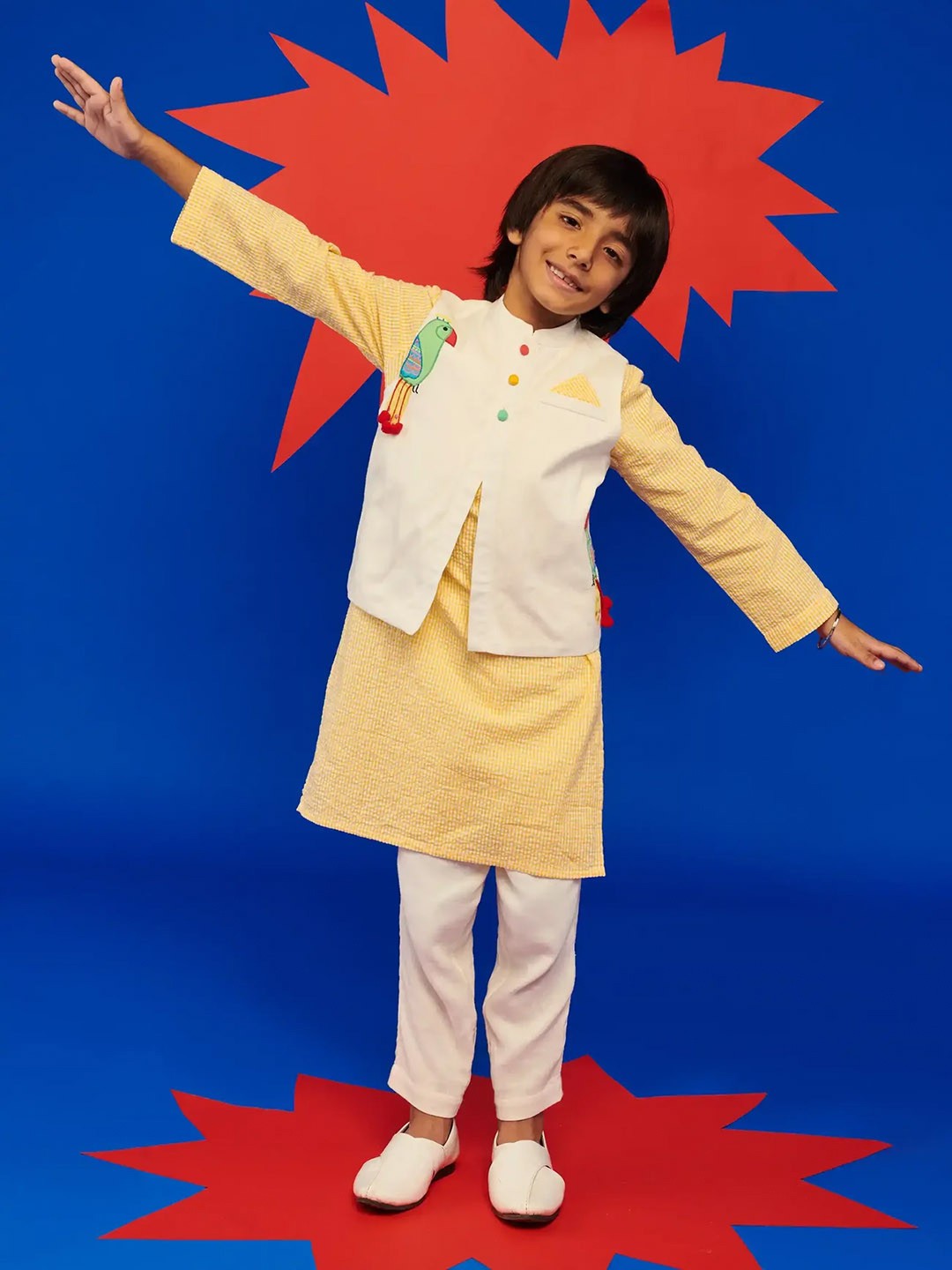 

Somersault Boys Pure Cotton Straight Kurta & Trouser With Nehru jacket, Yellow