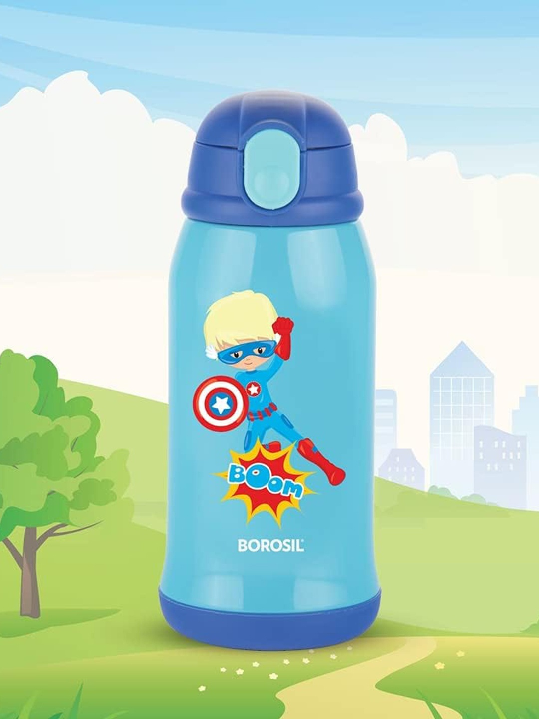 

BOROSIL Blue Superhero Stainless Steel Kids Water Bottle 500 ml