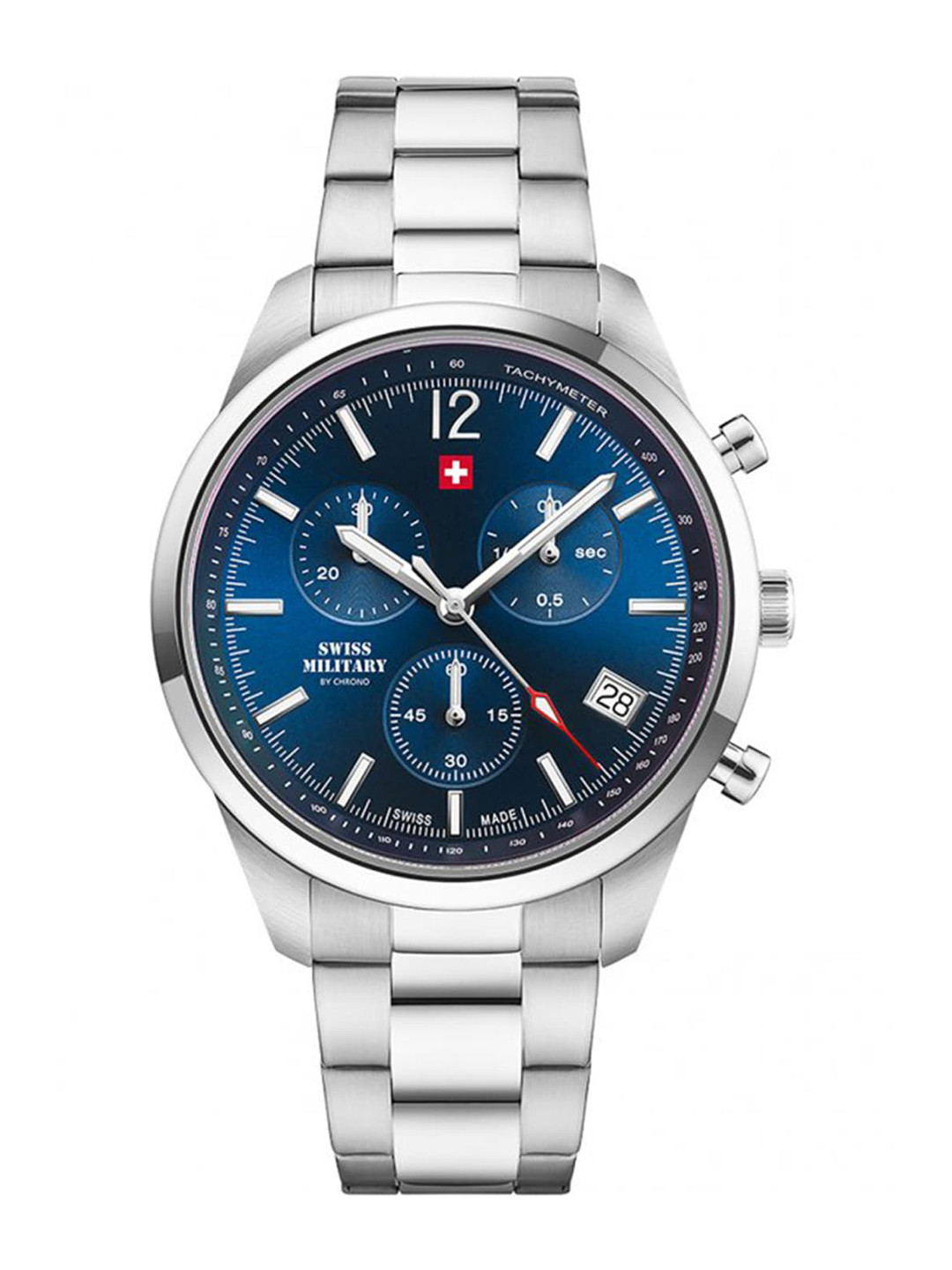 

Swiss Military by Chrono Unisex Blue Dial & Silver Toned Stainless Steel Bracelet Style Straps Analogue Date Watch