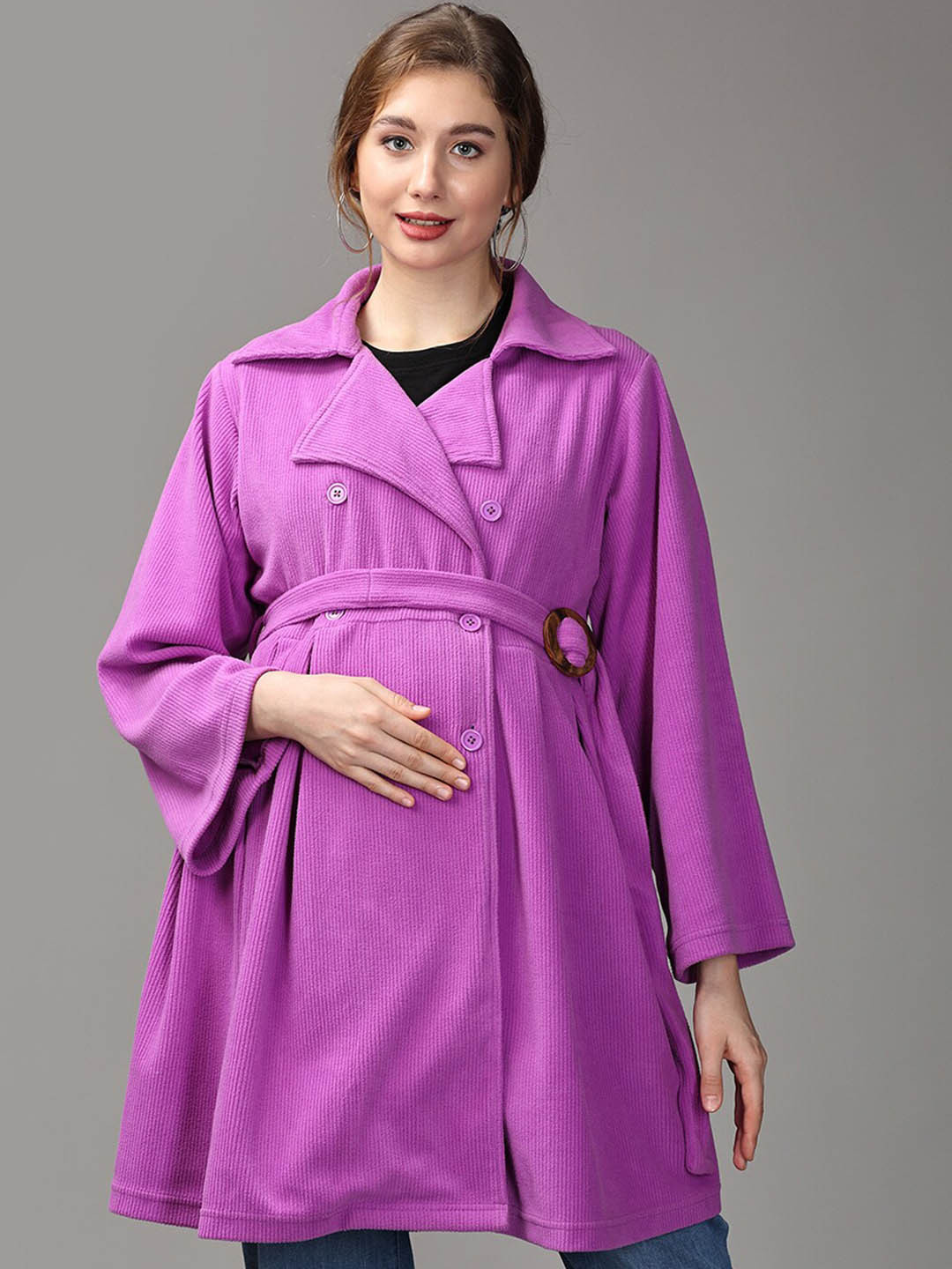 

The Mom Store Lapel Collar Corduroy Maternity Tailored Jacket With Belt, Lavender