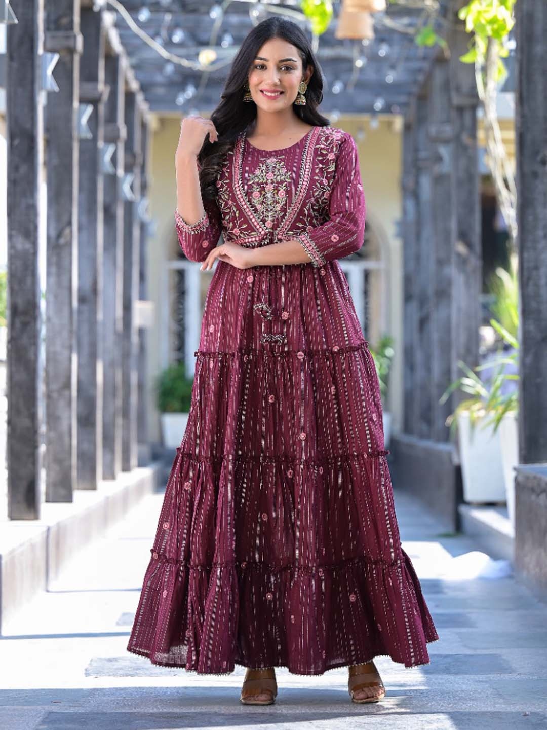 

Varanga Floral Embroidered Embellished Tiered Fit and Flare Maxi Ethnic Dress, Maroon