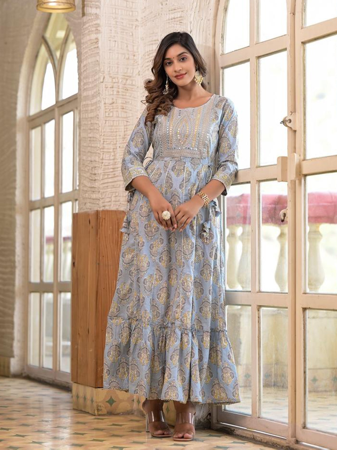 

Varanga Ethnic Motif Mirror Work Embroidered Yoke Tiered Dress, Blue