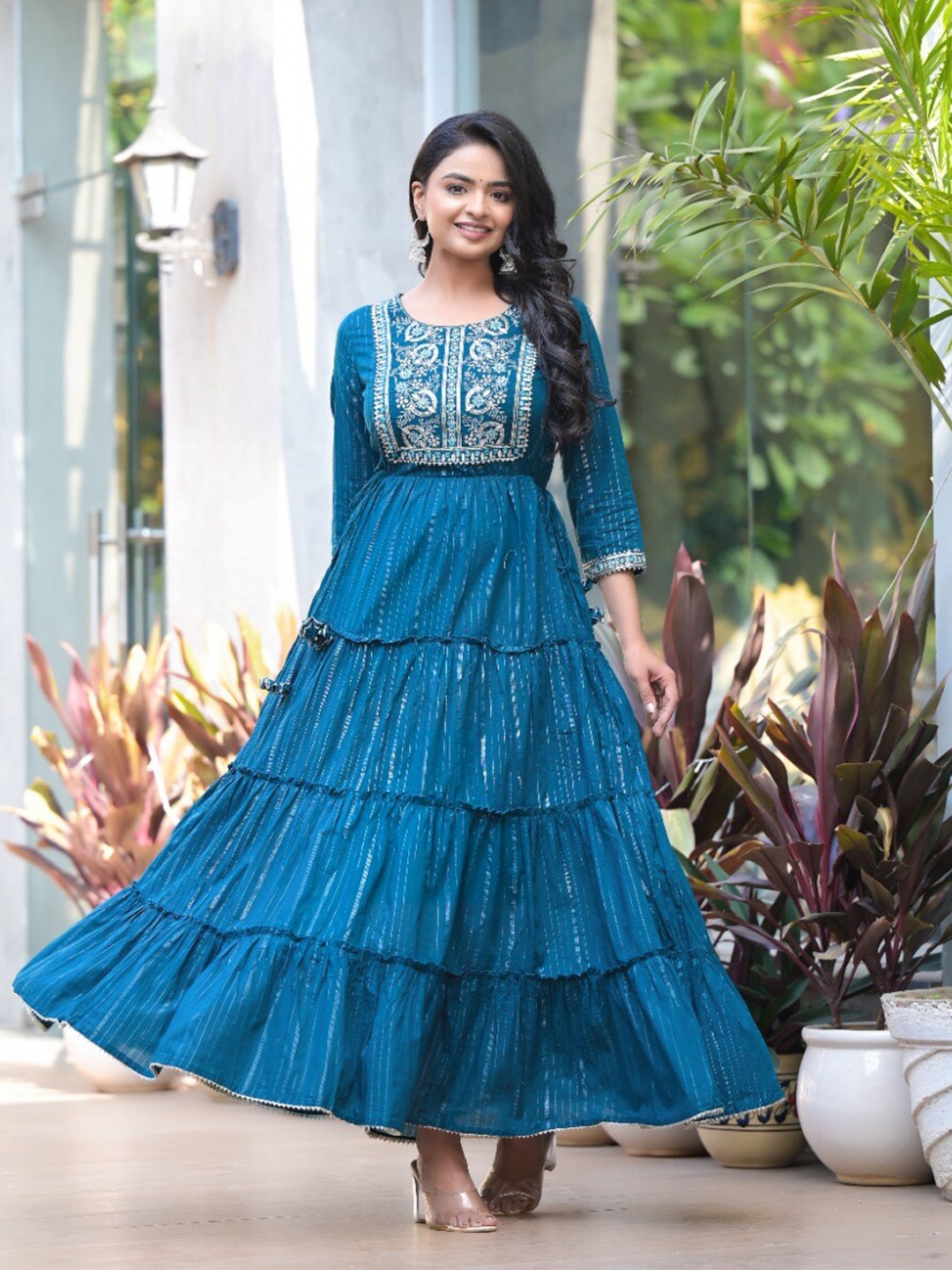 

Varanga Zari & Gotta Embellished Tiered Dress, Teal