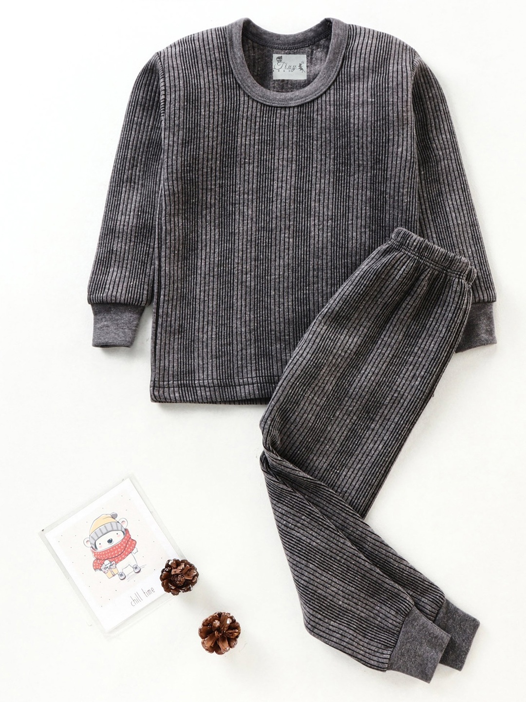 

Tiny Bugs Infants Kids Striped Cotton Thermal Set, Grey
