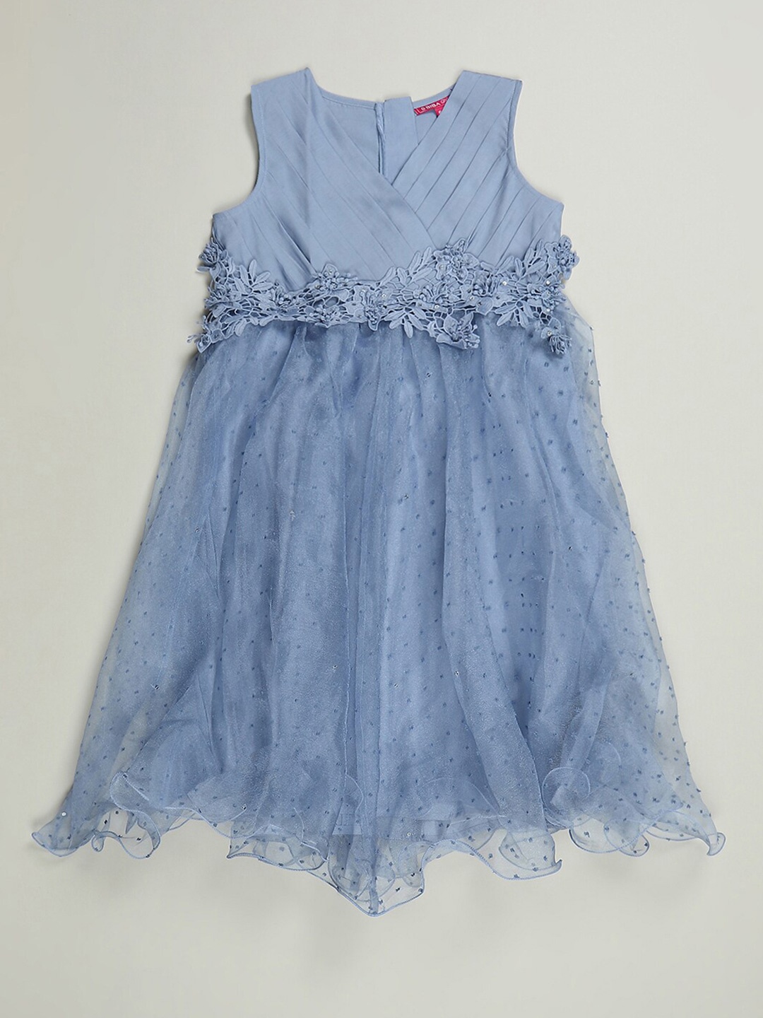 

Biba Girls Self Design V-Neck Sleeveless Laced A-Line Dress, Blue