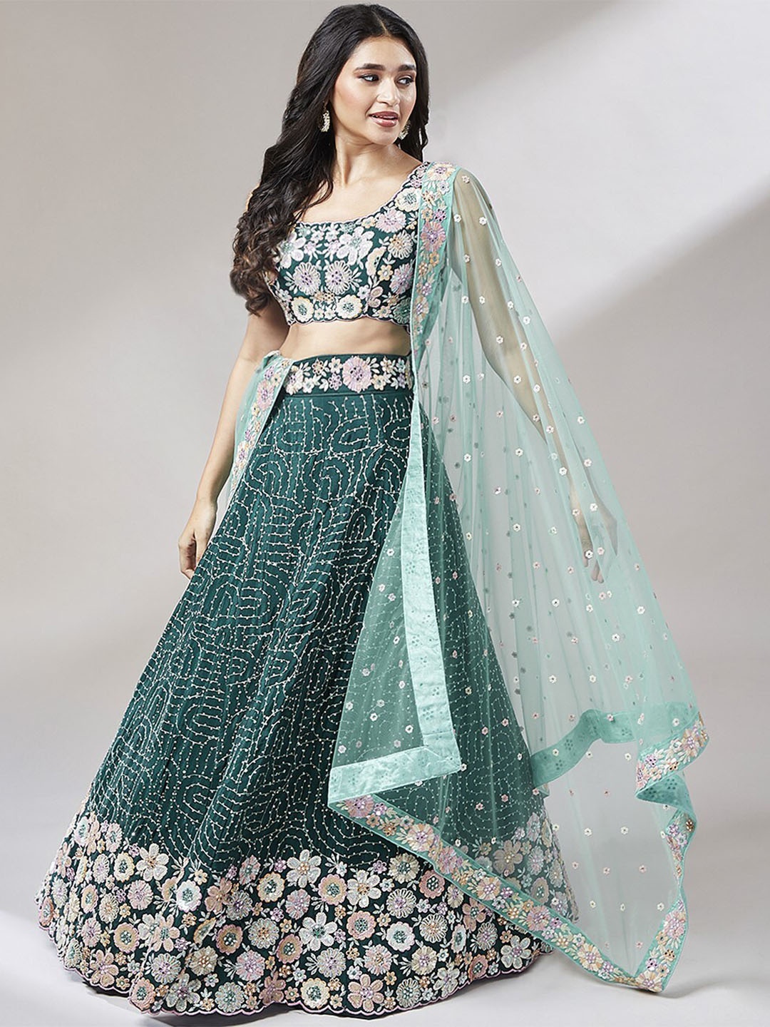 

panchhi Sleeveless Sequinned Semi-Stitched Lehenga & Unstitched Blouse With Dupatta, Teal
