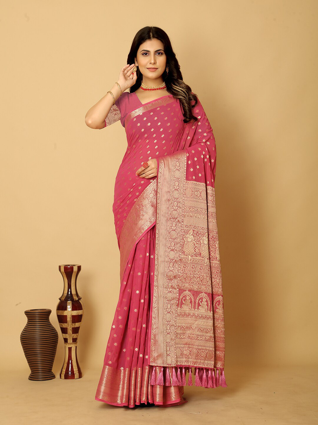 

V3 FASHION STUDIO Ethnic Motifs Woven Design Zari Pure Georgette Banarasi Saree, Pink
