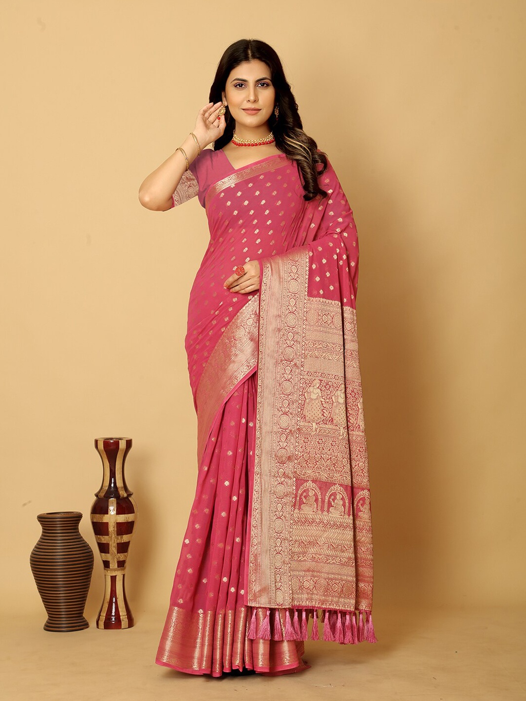 

DIVASTRI Ethnic Motifs Woven Design Pure Georgette Banarasi Saree, Pink