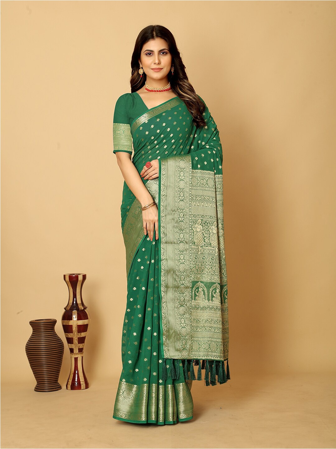 

DIVASTRI Ethnic Motifs Woven Design Pure Georgette Banarasi Saree, Green