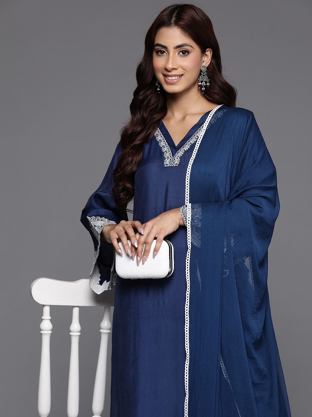 

Varanga Women Ethnic Motifs Embroidered Thread Work Kurta with Trousers & With Dupatta, Blue