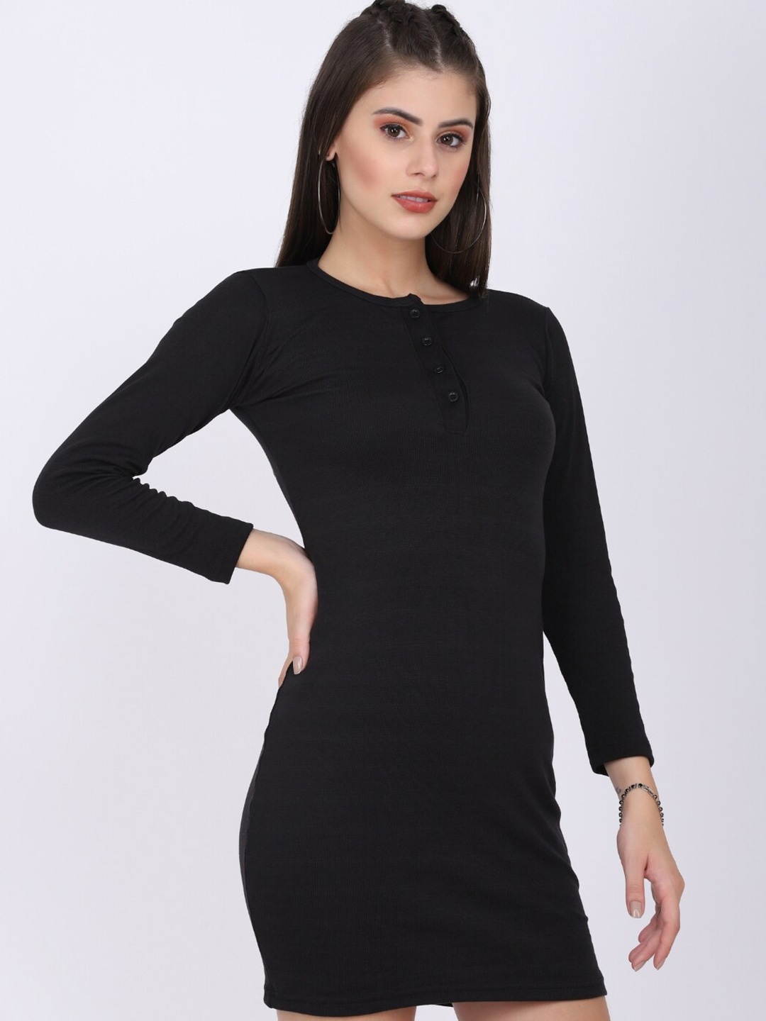 

STARIN Long Sleeves Bodycon Mini Dress, Black