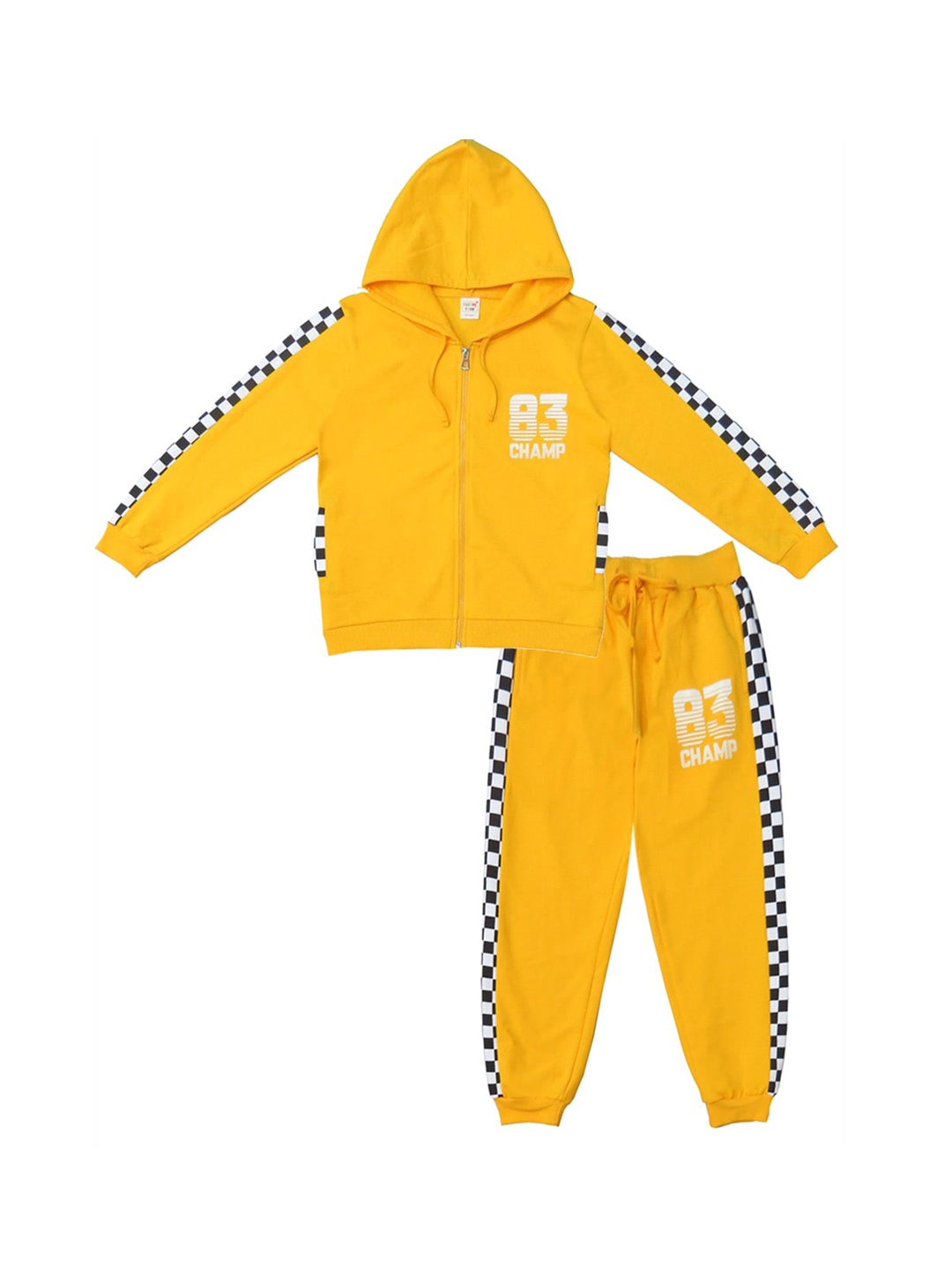 

Clothe Funn Boys Cotton Hooded Jacket with Mid-Rise Track, Yellow