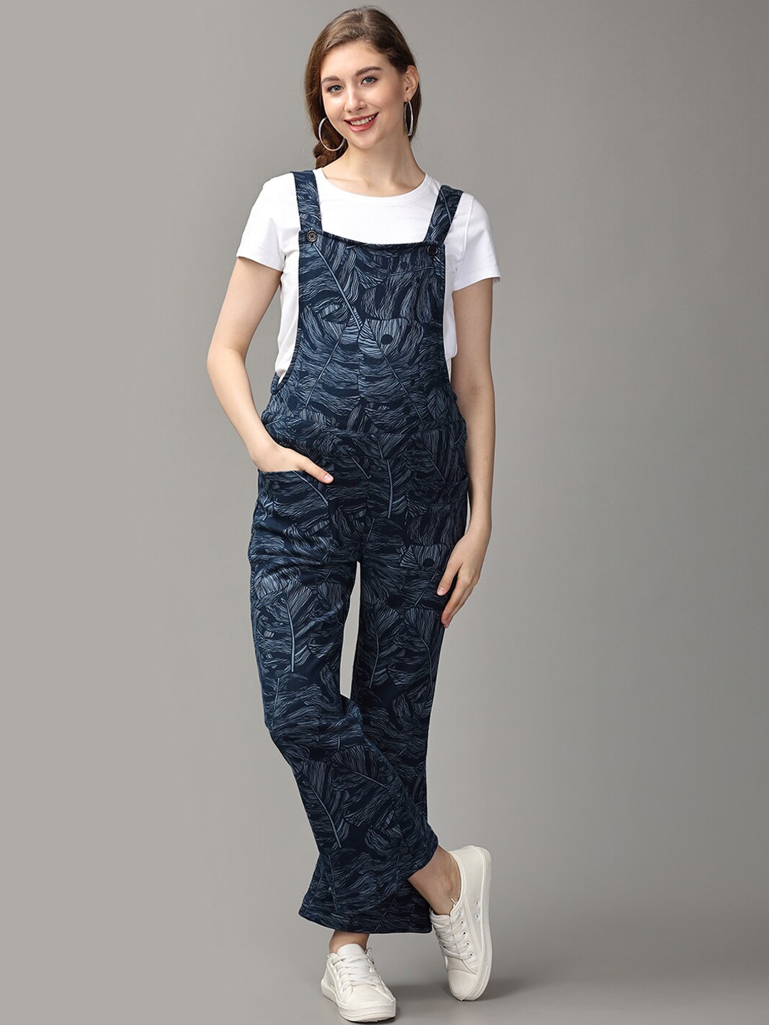 

The Mom Store Tropical Printed Maternity Dungarees, Navy blue