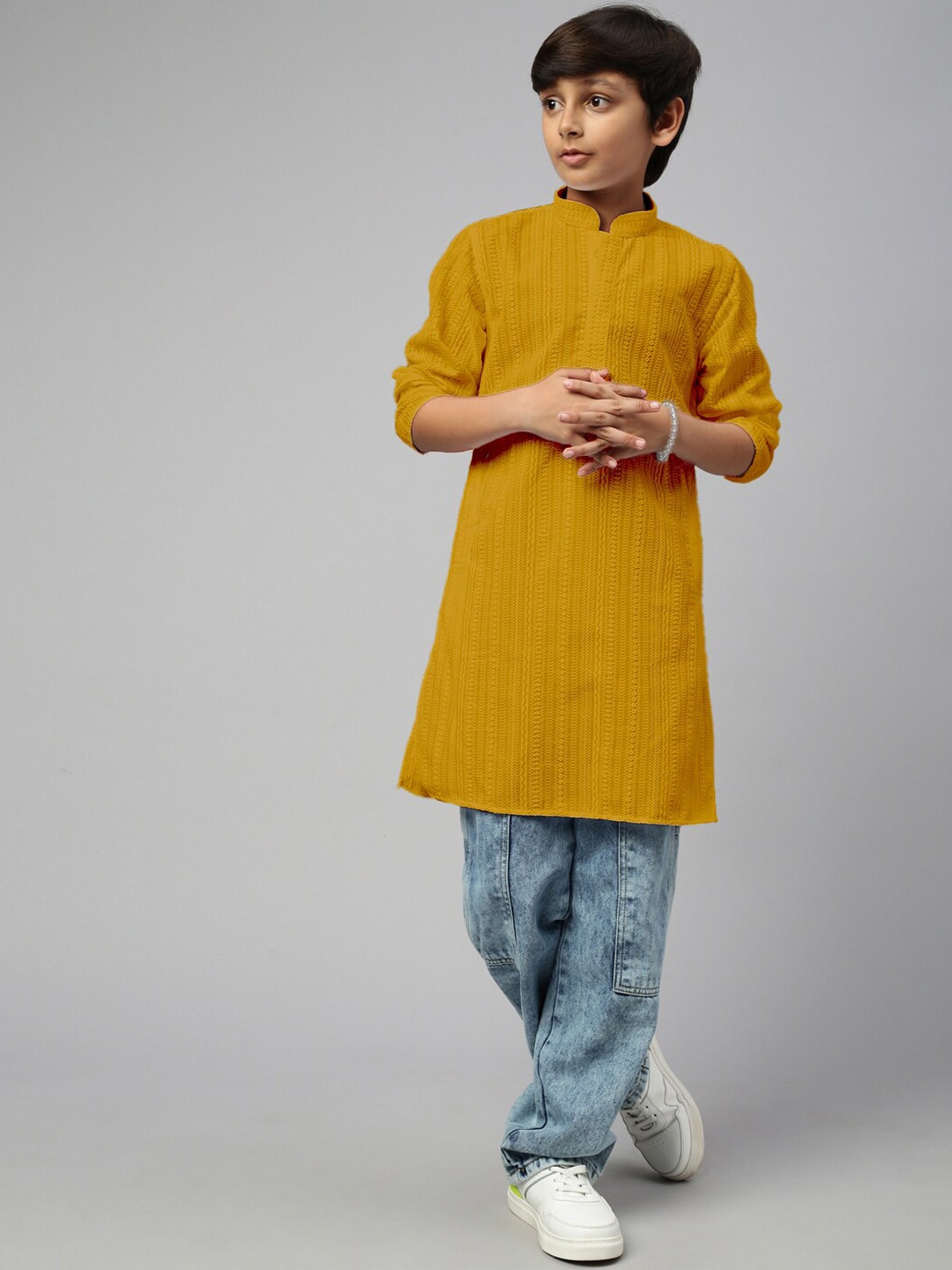

Sangria Boys Ethnic Motifs Embroidered Chikankari Cotton Straight Kurta, Mustard