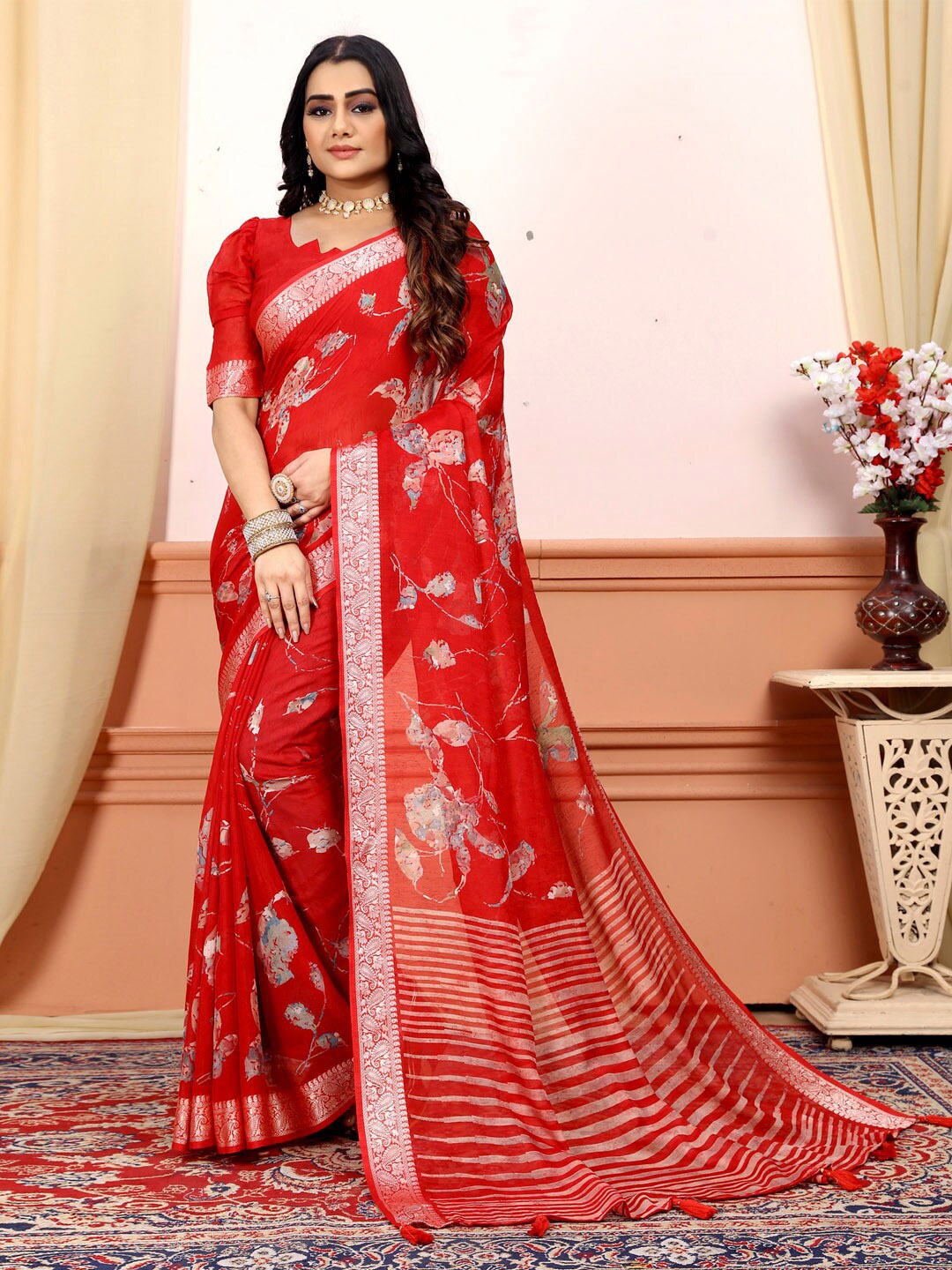 

Saree mall Red Floral Printed Zari Detailed Pure Georgette Sungudi Saree