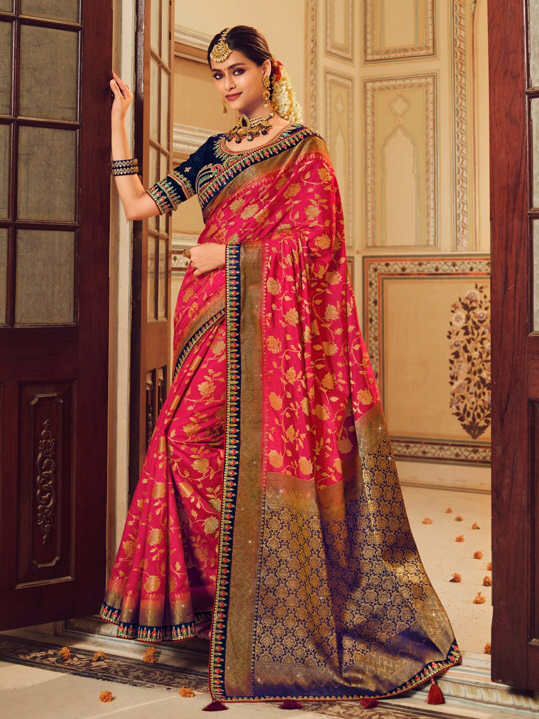 

Saree mall Pink Ethnic Motifs Woven Design Zari Banarasi Saree