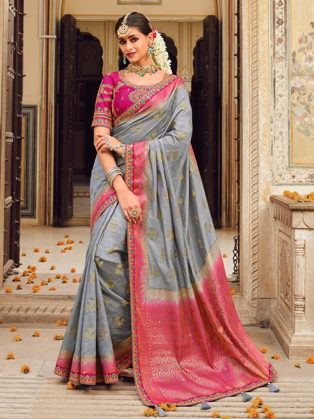 

Saree mall Grey Ethnic Motifs Woven Design Zari Detailed Banarasi Saree